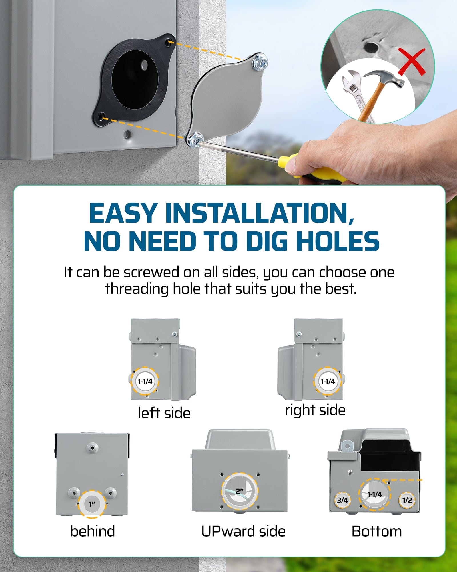 30 Amp RV Outlet Box: Features a no-dig, screw-on installation with multi-sided threading holes for flexible mounting and wiring options.