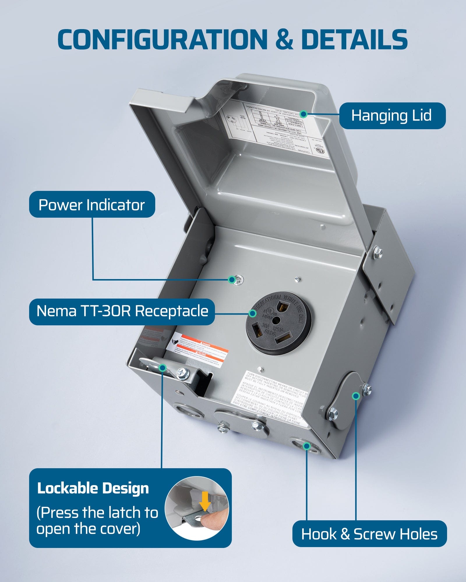 30 Amp RV Outlet Box: Features a Nema TT-30R receptacle, power indicator, hanging lid with press-latch lock, and pre-drilled hook and screw holes for easy mounting.