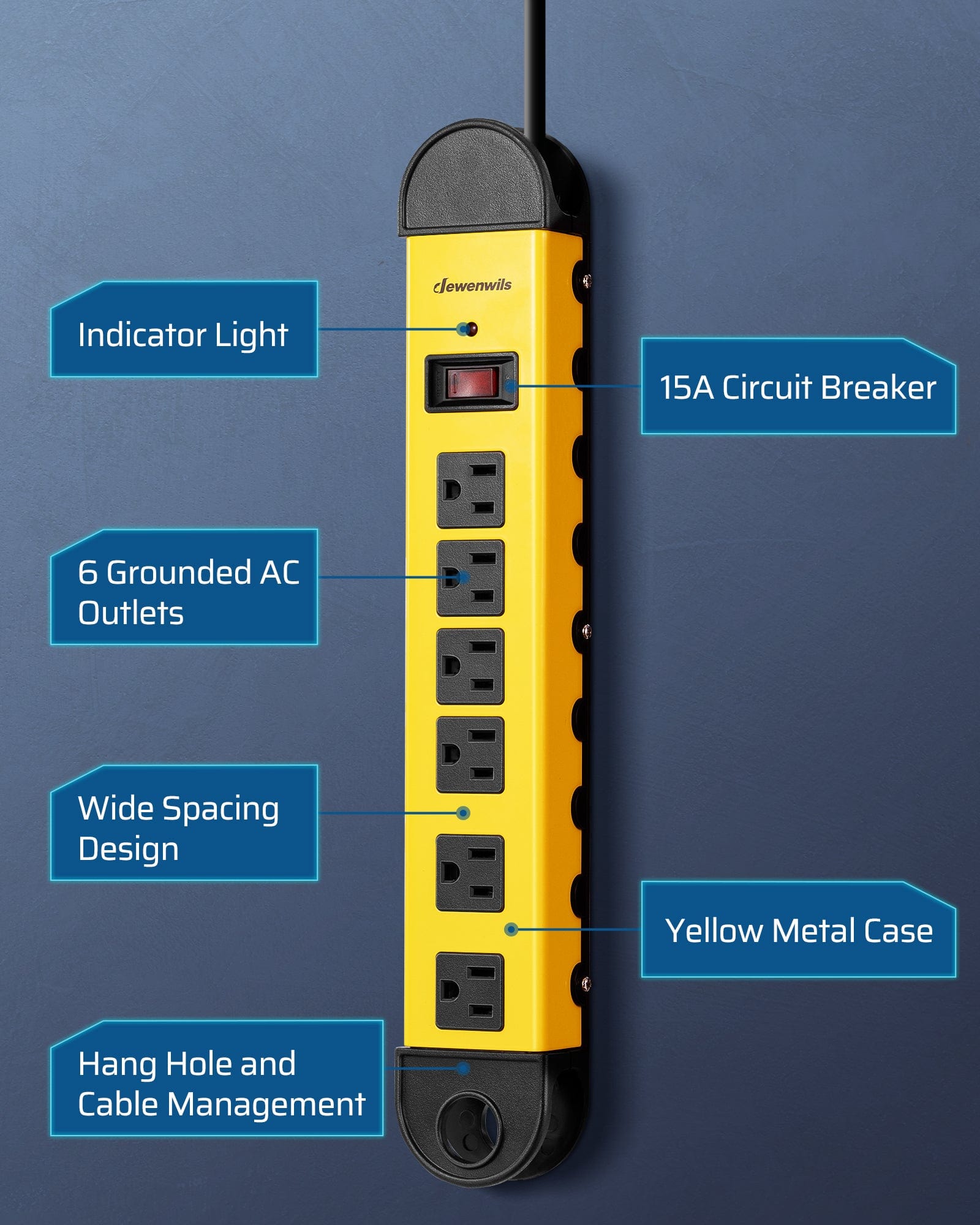 DEWENWILS Metal Power Strip, 6-Outlet Heavy Duty Surge Protector with 6FT Power Cord, 14AWG/3C, 15A Circuit Breaker, 900 Joules, Low Profile Flat Plug for Workshop, Wall Mountable-HMPS01A