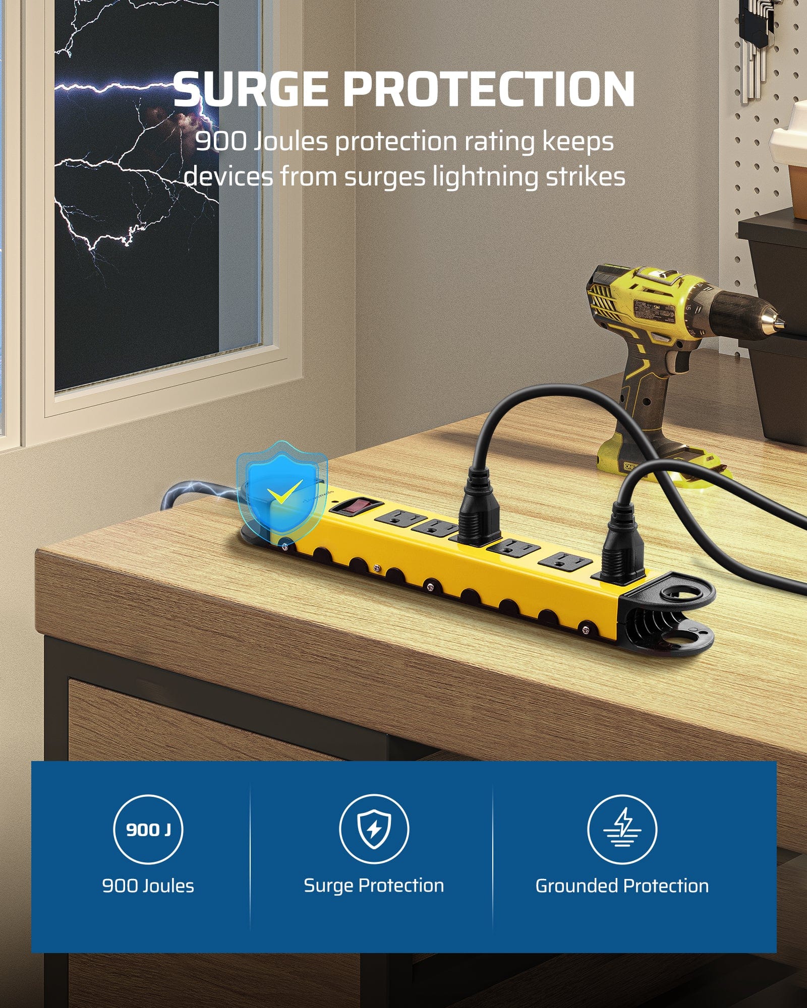 DEWENWILS Metal Power Strip, 6-Outlet Heavy Duty Surge Protector with 6FT Power Cord, 14AWG/3C, 15A Circuit Breaker, 900 Joules, Low Profile Flat Plug for Workshop, Wall Mountable-HMPS01A