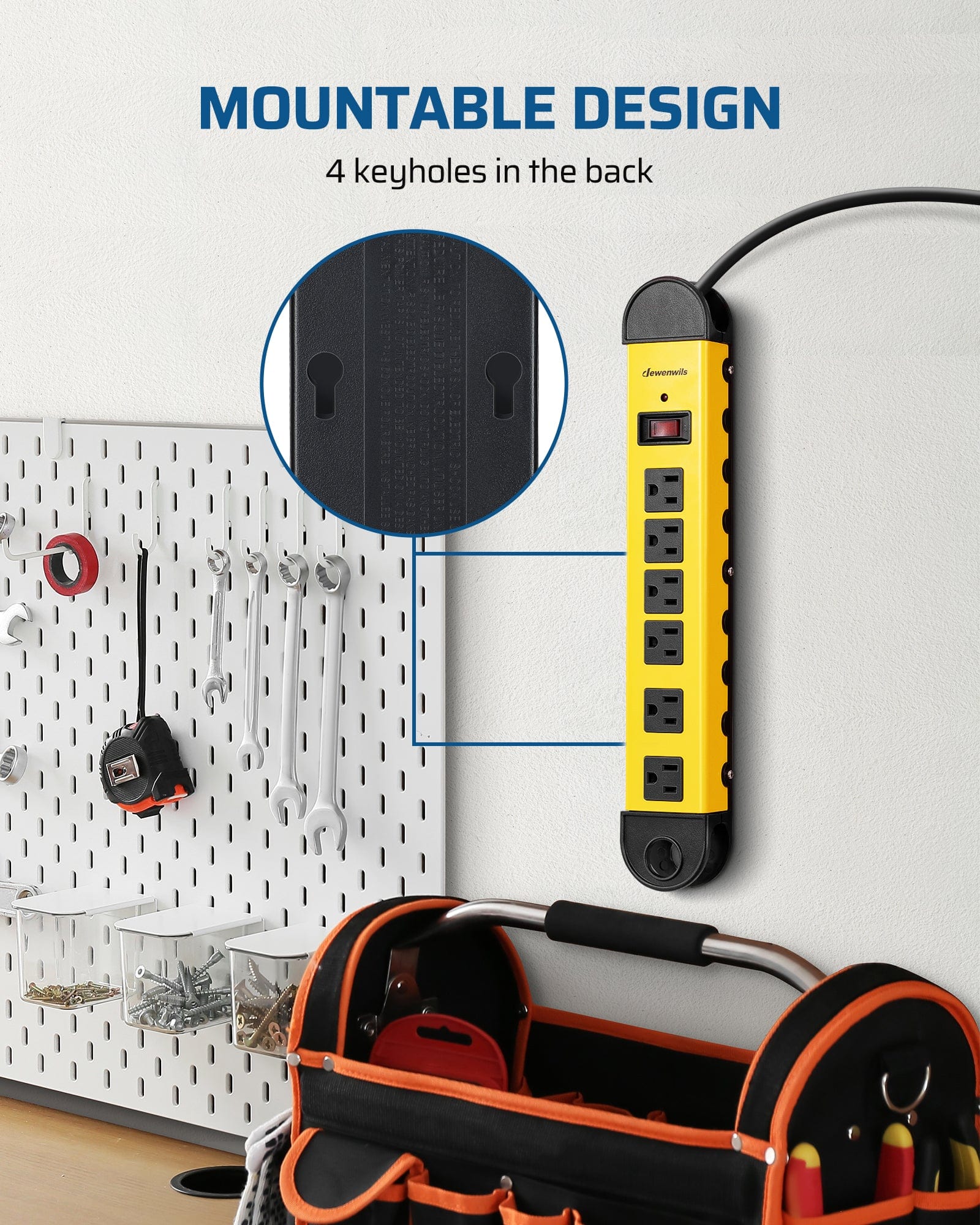 DEWENWILS Metal Power Strip, 6-Outlet Heavy Duty Surge Protector with 6FT Power Cord, 14AWG/3C, 15A Circuit Breaker, 900 Joules, Low Profile Flat Plug for Workshop, Wall Mountable-HMPS01A