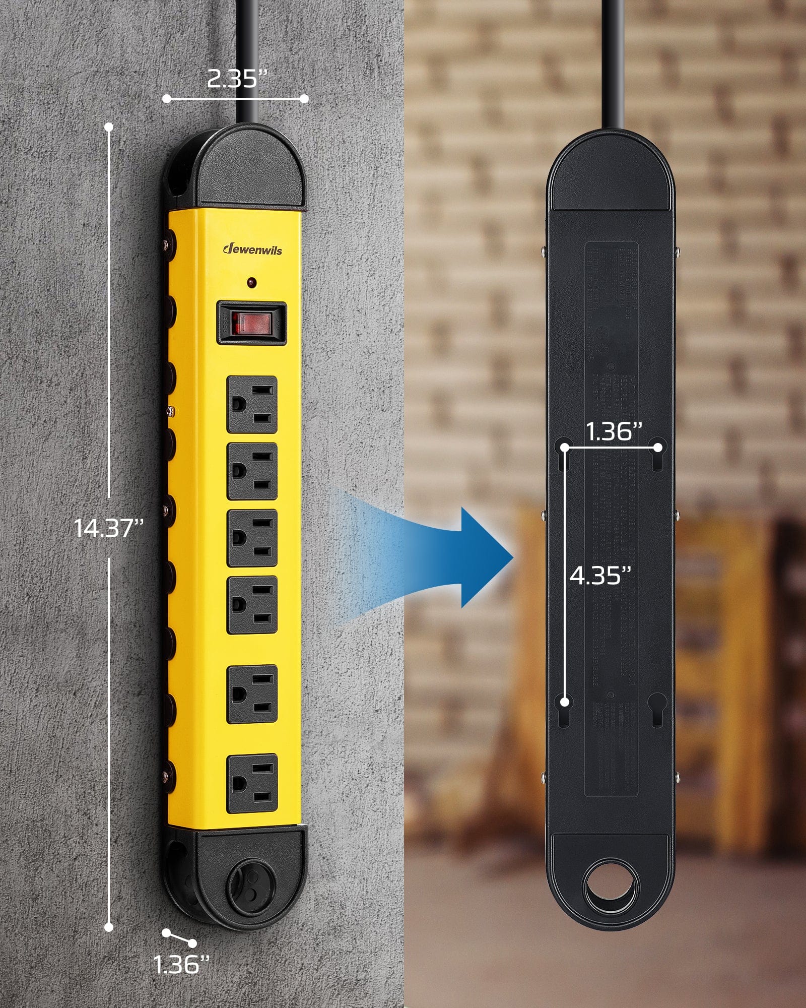 DEWENWILS Metal Power Strip, 6-Outlet Heavy Duty Surge Protector with 6FT Power Cord, 14AWG/3C, 15A Circuit Breaker, 900 Joules, Low Profile Flat Plug for Workshop, Wall Mountable-HMPS01A
