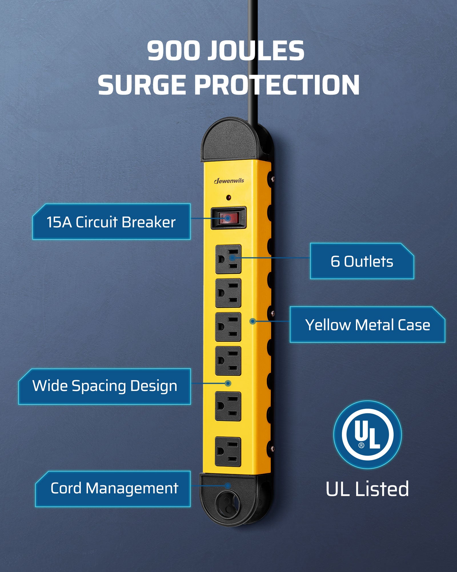 DEWENWILS 6-Outlet Heavy Duty Surge Protector Power Strip with 15ft Long Cord, 14AWG/3C, 15A Circuit Breaker, 900 Joules, Low Profile Flat Plug, Wall Mountable-HMPS01C