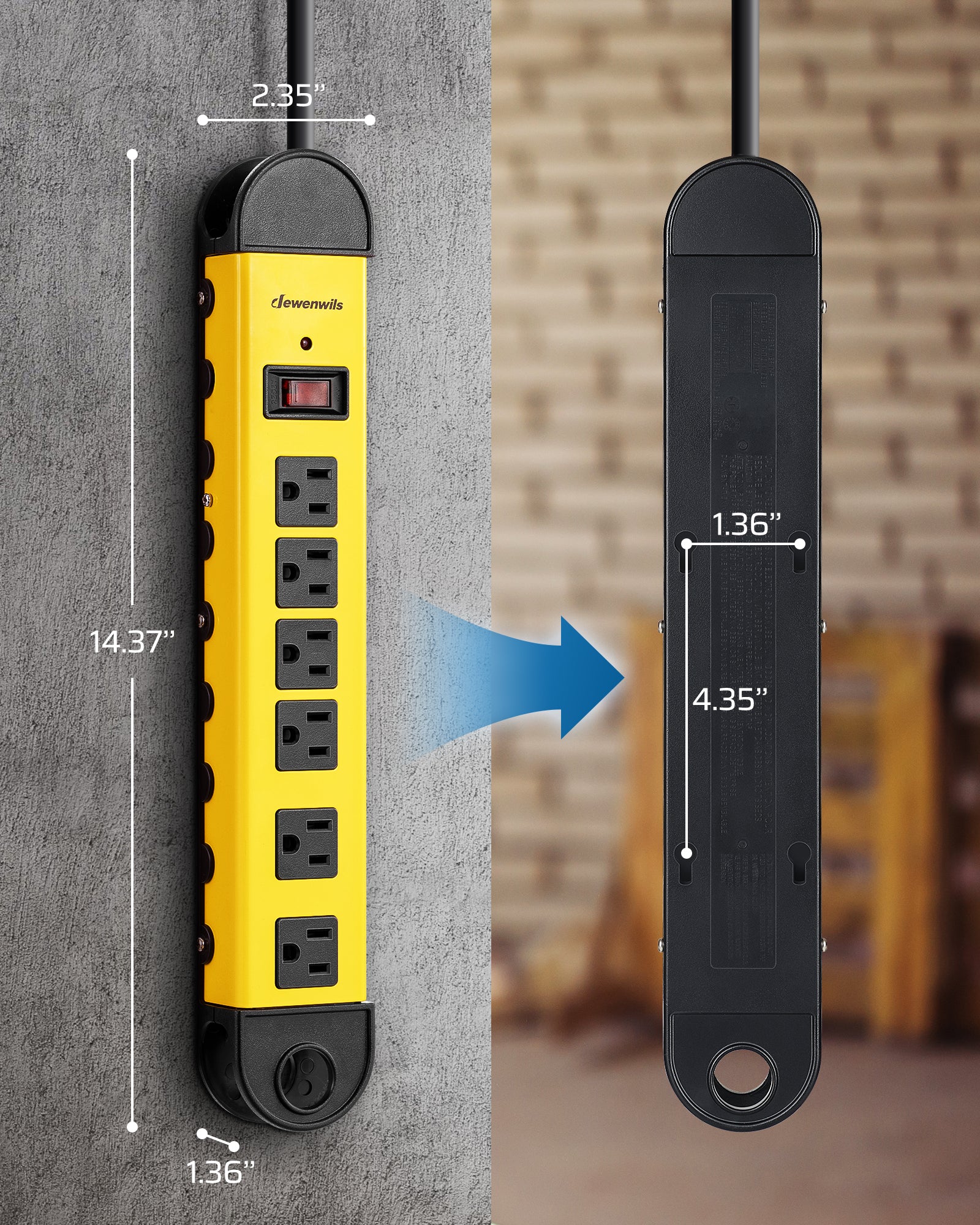 DEWENWILS 6-Outlet Heavy Duty Surge Protector Power Strip with 15ft Long Cord, 14AWG/3C, 15A Circuit Breaker, 900 Joules, Low Profile Flat Plug, Wall Mountable-HMPS01C