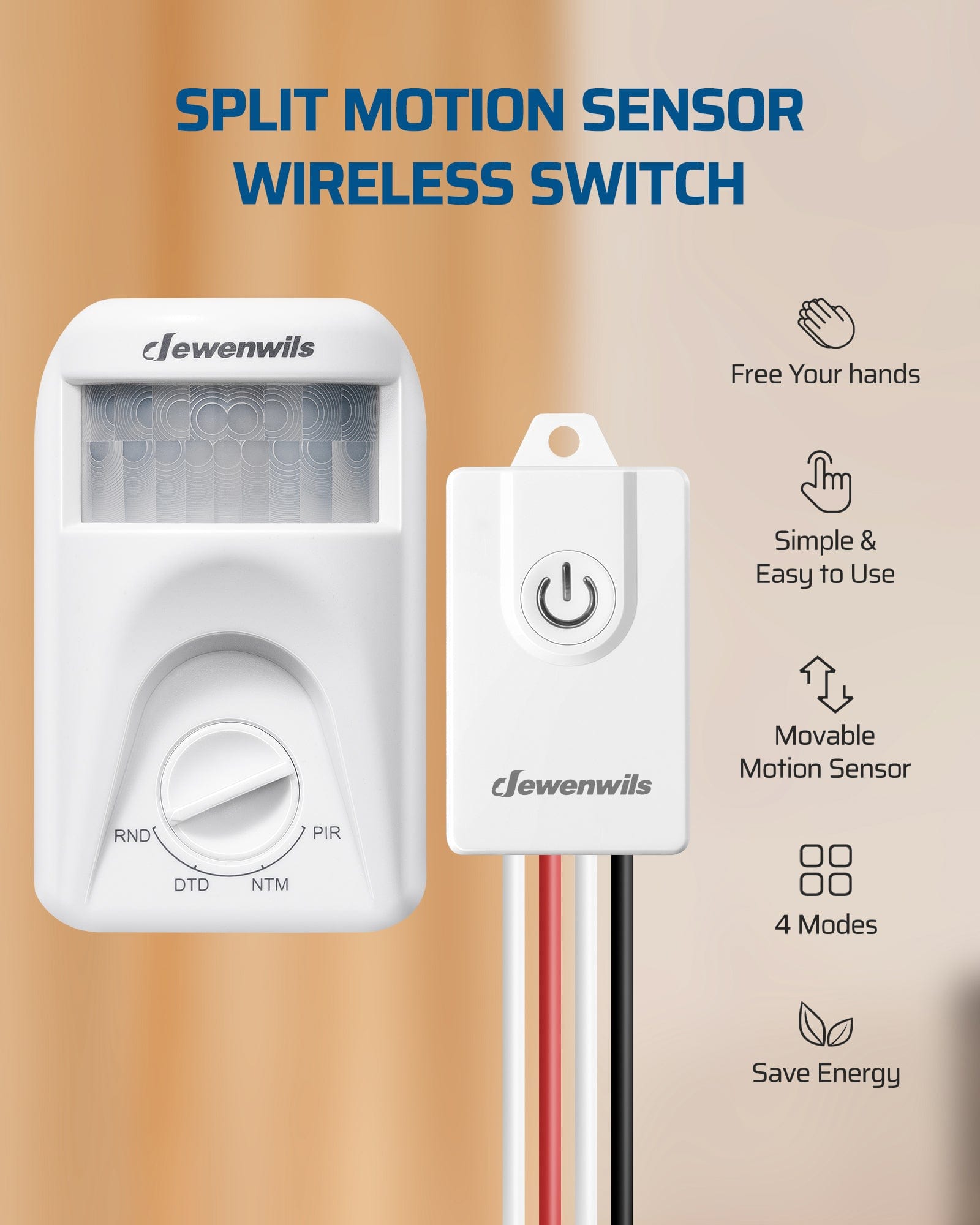 DEWENWILS Wireless Light Switch with Dusk to Dawn & PIR Motion Sensor, 4 Modes, 120° Sensing Angle, 20ft Detection Range-HMSR01G