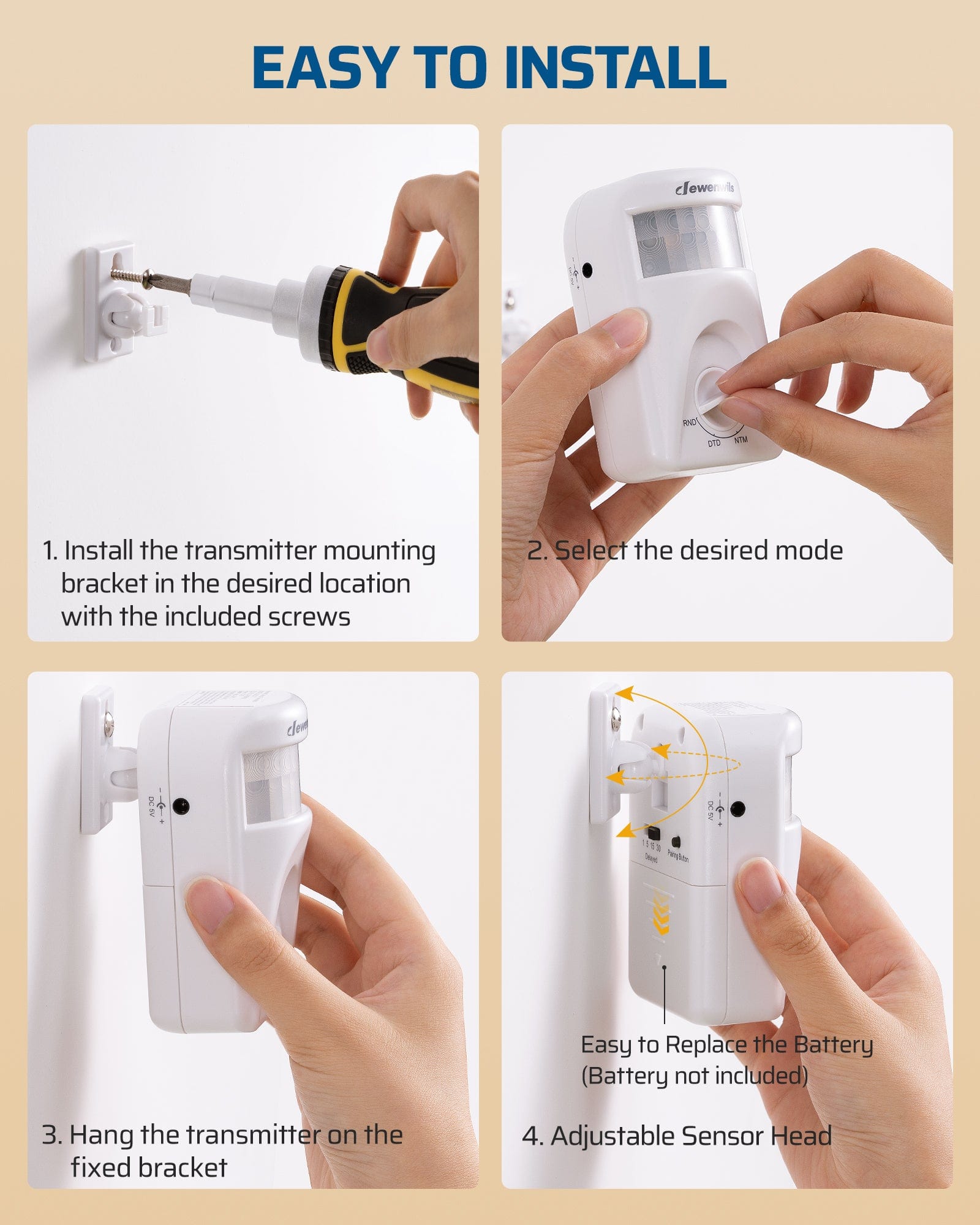 DEWENWILS Wireless Light Switch with Dusk to Dawn & PIR Motion Sensor, 4 Modes, 120° Sensing Angle, 20ft Detection Range-HMSR01G