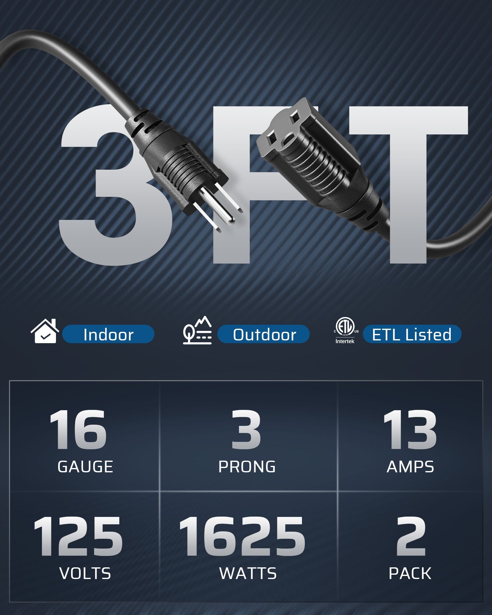 DEWENWILS 3ft Indoor/Outdoor Extension Cord, 16 AWG SJTW Weatherproof Power Cable, 3 Prong Grounded Outlets Plugs for Lights (2 Pack)-HNCB03B
