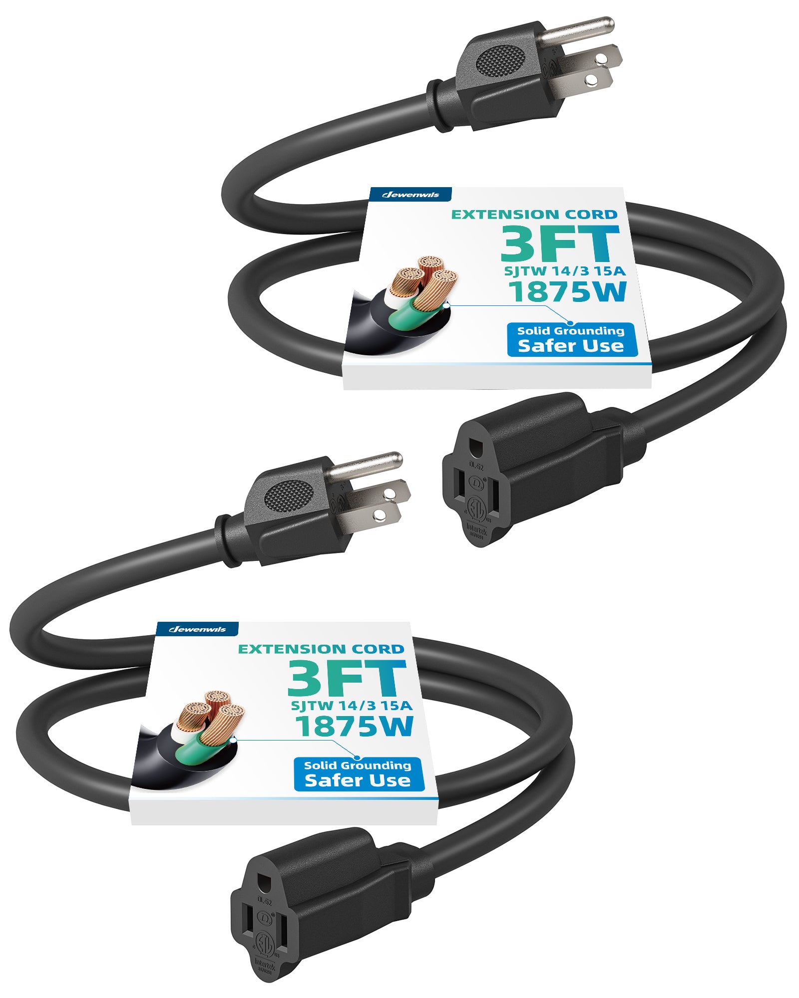 DEWENWILS 3ft Indoor/Outdoor Extension Cord, 14/3 SJTW 3 Prong Heavy Duty Power Cable, NEMA 5-15P to NEMA 5-15R (2 Pack)-HNCB03L