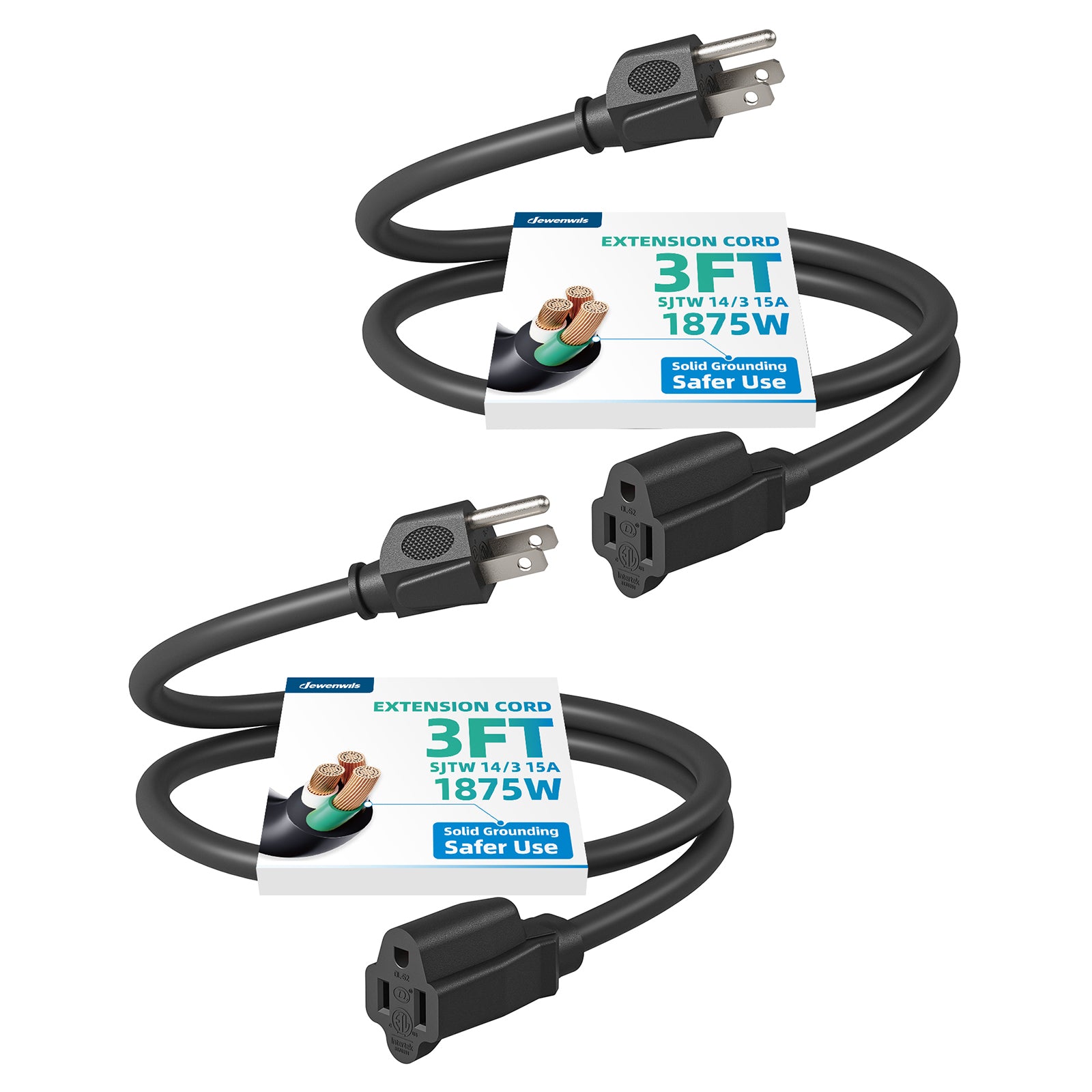 DEWENWILS 3ft Indoor/Outdoor Extension Cord, 14/3 SJTW 3 Prong Heavy Duty Power Cable, NEMA 5-15P to NEMA 5-15R (2 Pack)-HNCB03L