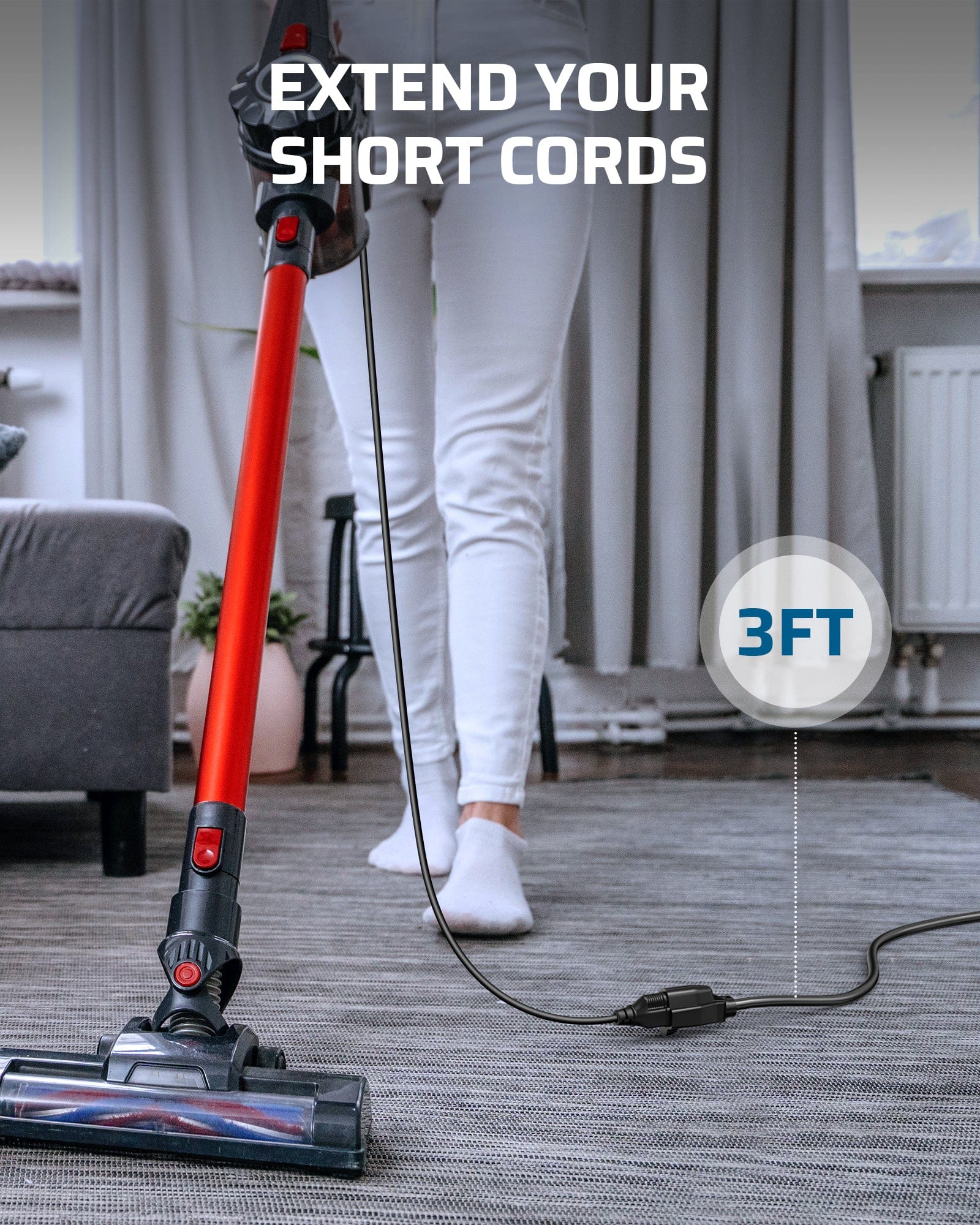 Extensions Cord: 3ft length easily extends short power cords, providing extra reach for indoor and outdoor appliances, tools, and electronics