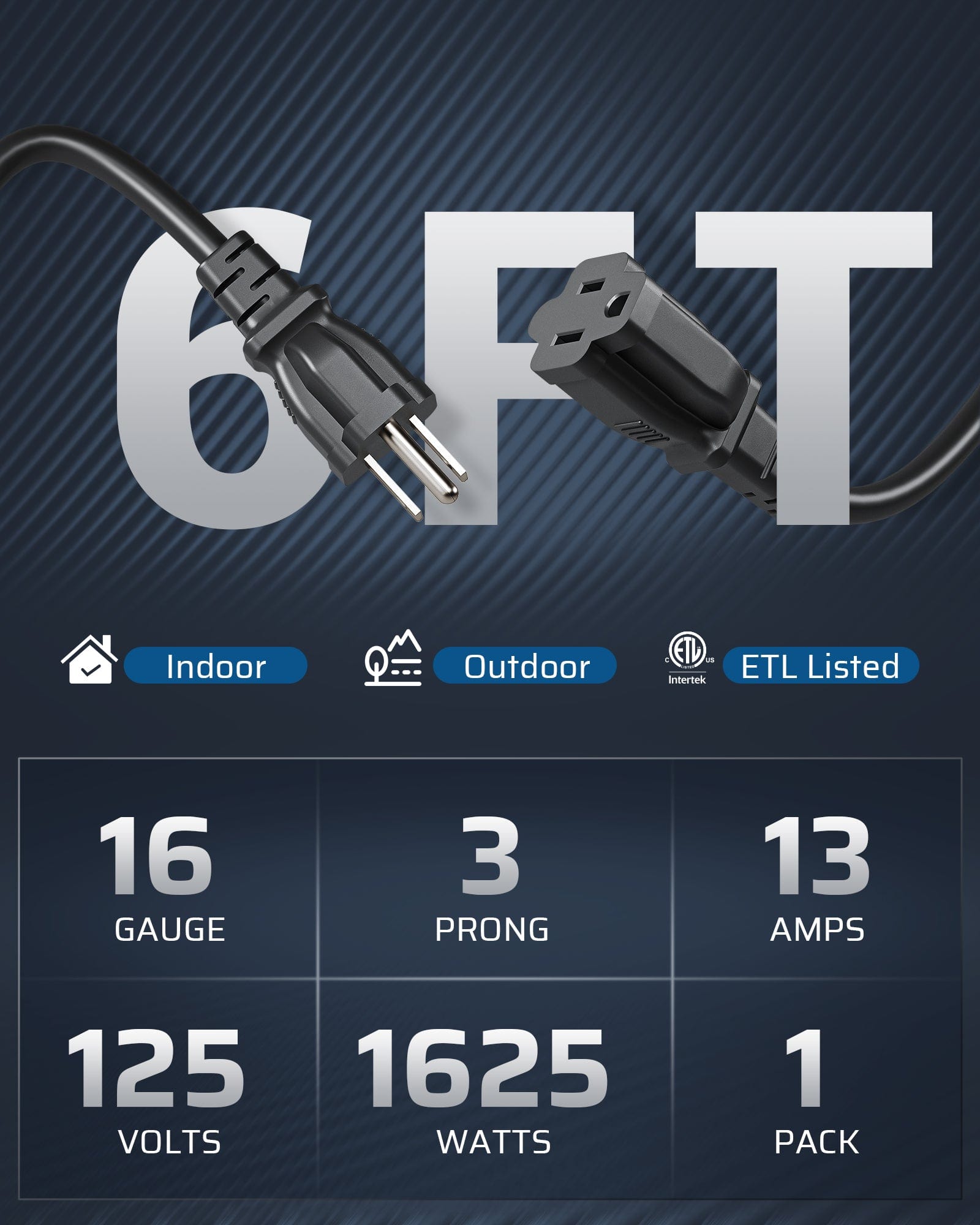 DEWENWILS Outdoor Extension Cord 6 FT, 3 Prong Waterproof Extension Cable for Lights, Indoor Outdoor Appliances, 16/3 SJTW, Black, 1 Pack-HNCB06A