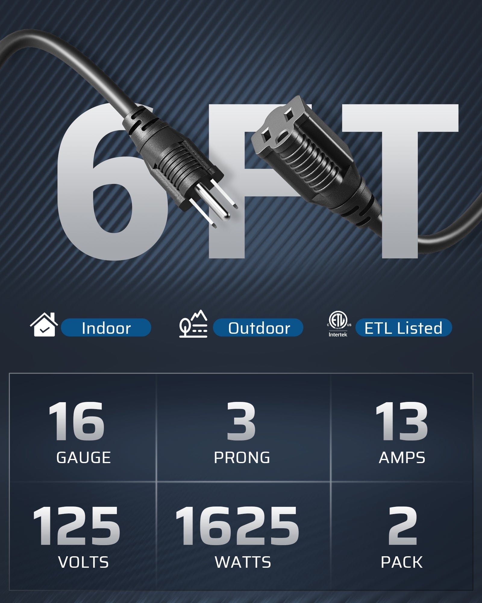 DEWENWILS 6ft Indoor Outdoor Extension Cord, 16/3 SJTW, 3 Prong Waterproof Extension Cable for Lights (2 Pack)-HNCB06B