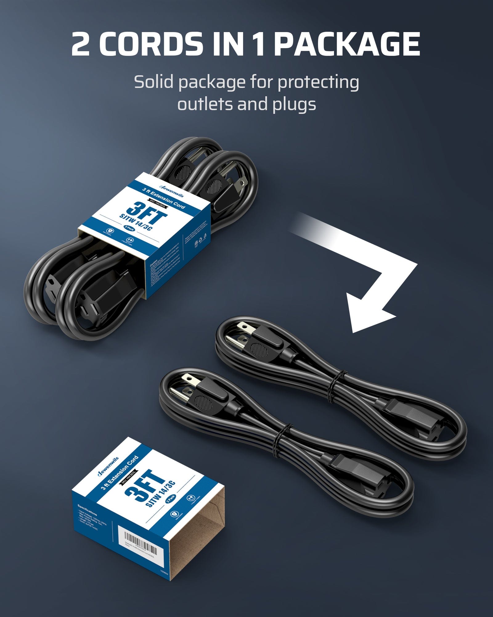 DEWENWILS 6ft Indoor Outdoor Extension Cord, 14/3 SJTW Weatherproof Power Cable, 3 Prong Heavy Duty Power Cord (2 Pack)-HNCB06L