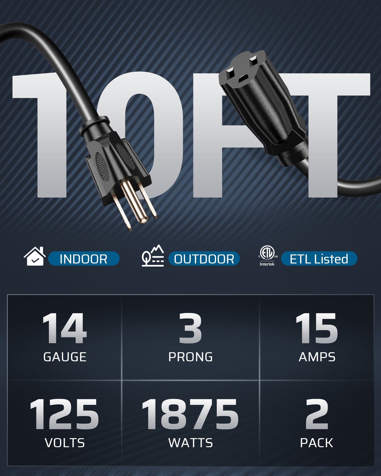 DEWENWILS 10ft Indoor Outdoor Extension Cord, 14/3 SJTW, 3 Prong Heavy Duty Power Cord (2 Pack)-HNCB10L