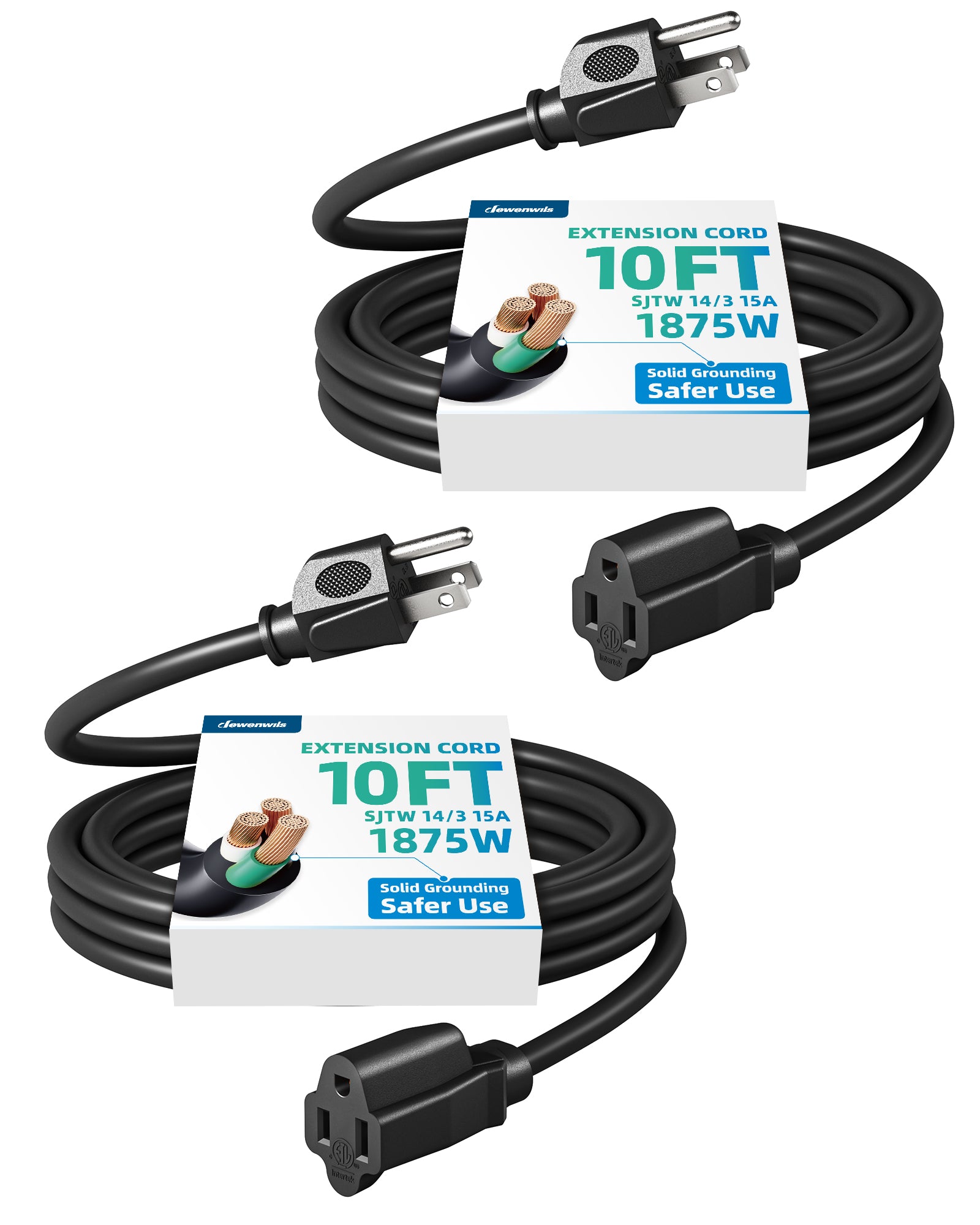 DEWENWILS 10ft Indoor Outdoor Extension Cord, 14/3 SJTW, 3 Prong Heavy Duty Power Cord (2 Pack)-HNCB10L
