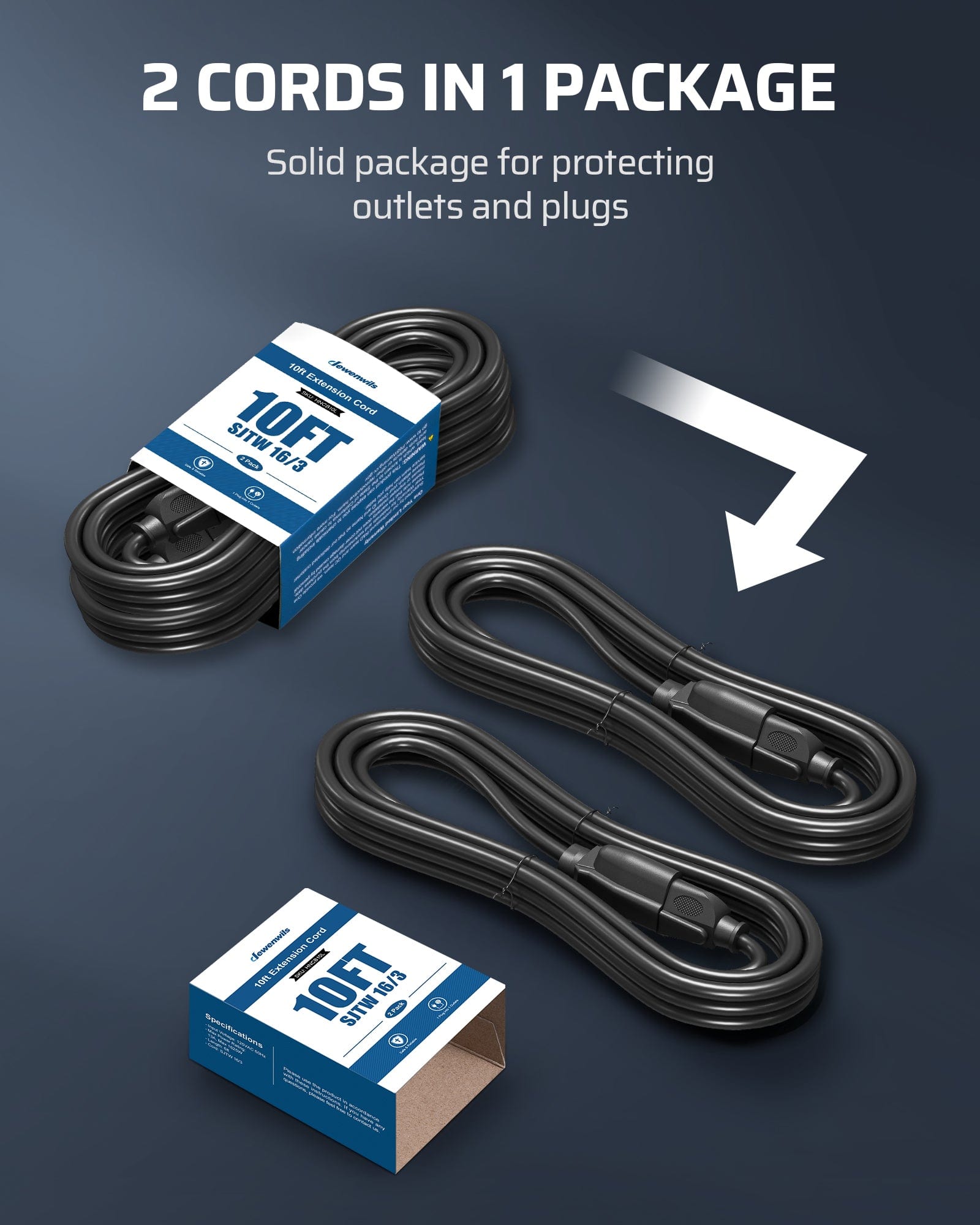 DEWENWILS 10ft Indoor Outdoor Extension Cord, 14/3 SJTW, 3 Prong Heavy Duty Power Cord (2 Pack)-HNCB10L