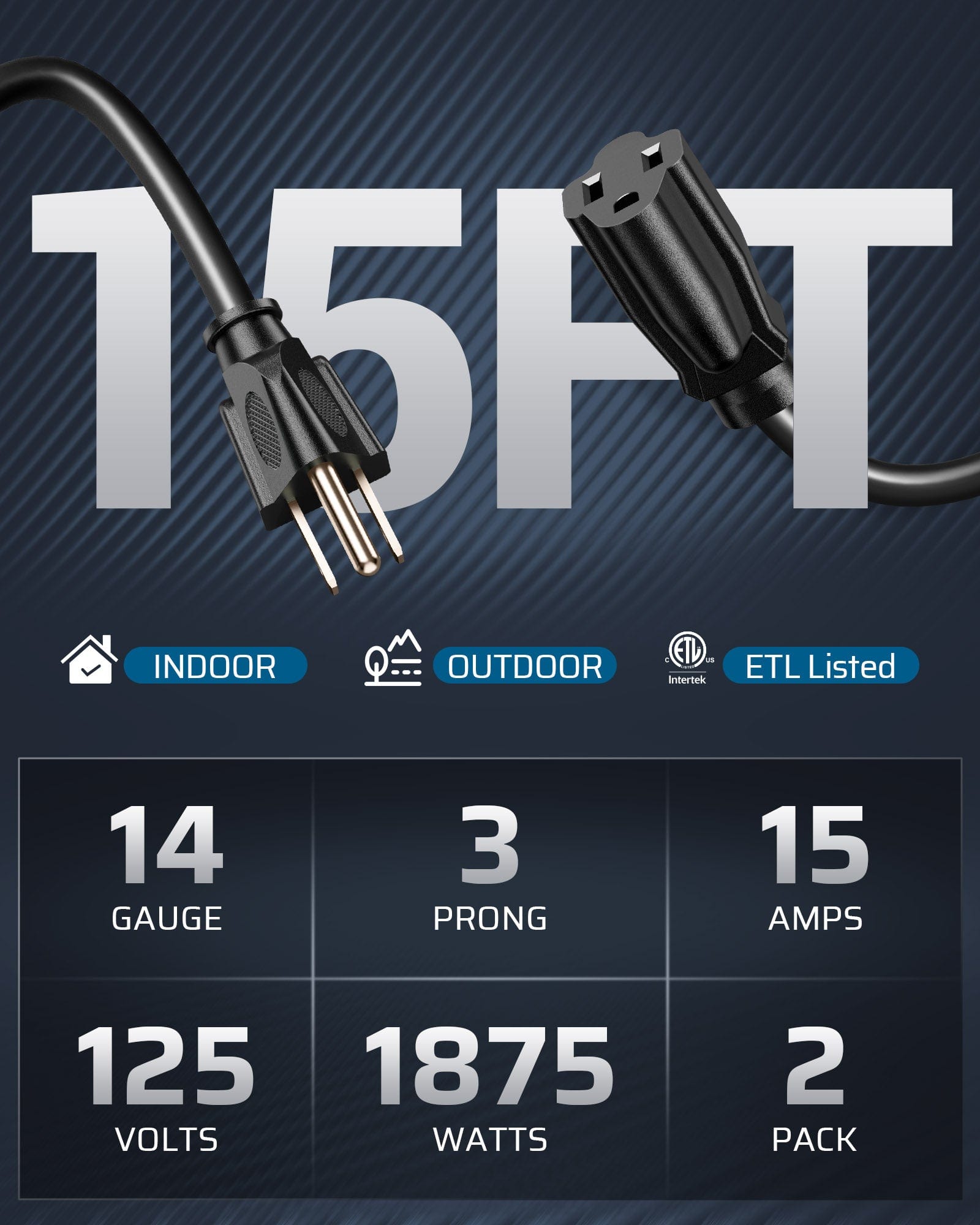 DEWENWILS 15ft Indoor Outdoor Extension Cord, 14/3 SJTW Weatherproof Power Cable, 3 Prong Heavy Duty Power Cord (2 Pack)-HNCB15L