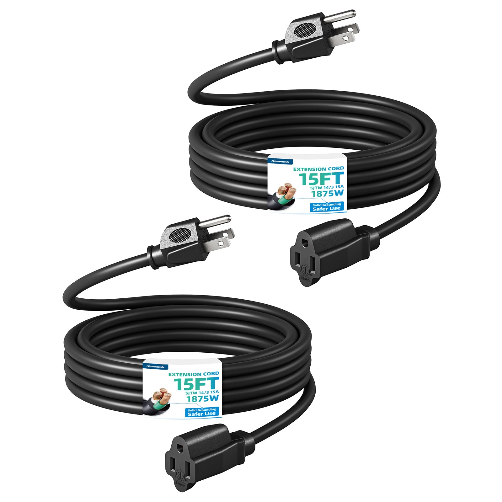 DEWENWILS 15ft Indoor Outdoor Extension Cord, 14/3 SJTW Weatherproof Power Cable, 3 Prong Heavy Duty Power Cord (2 Pack)-HNCB15L