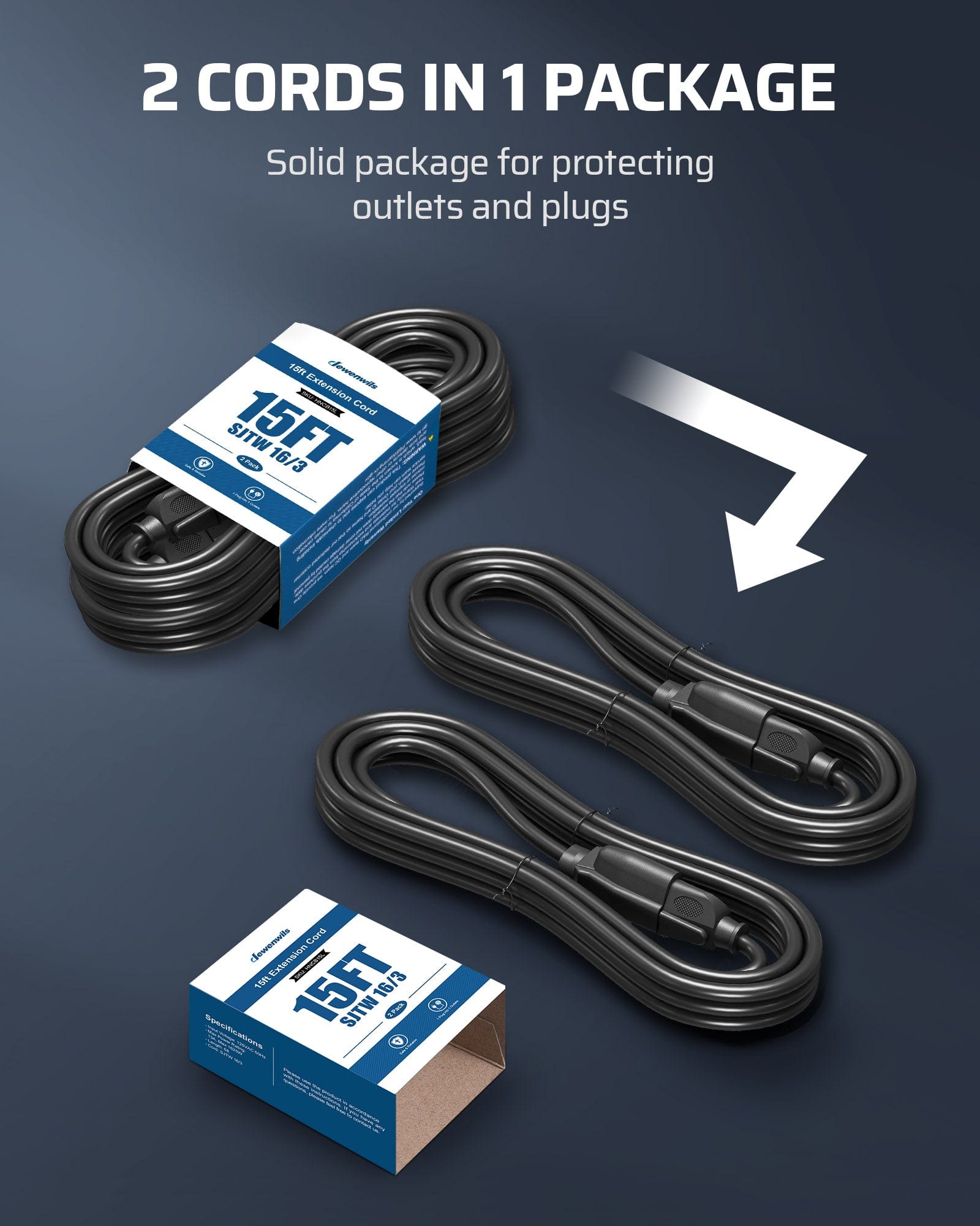 DEWENWILS 15ft Indoor Outdoor Extension Cord, 14/3 SJTW Weatherproof Power Cable, 3 Prong Heavy Duty Power Cord (2 Pack)-HNCB15L