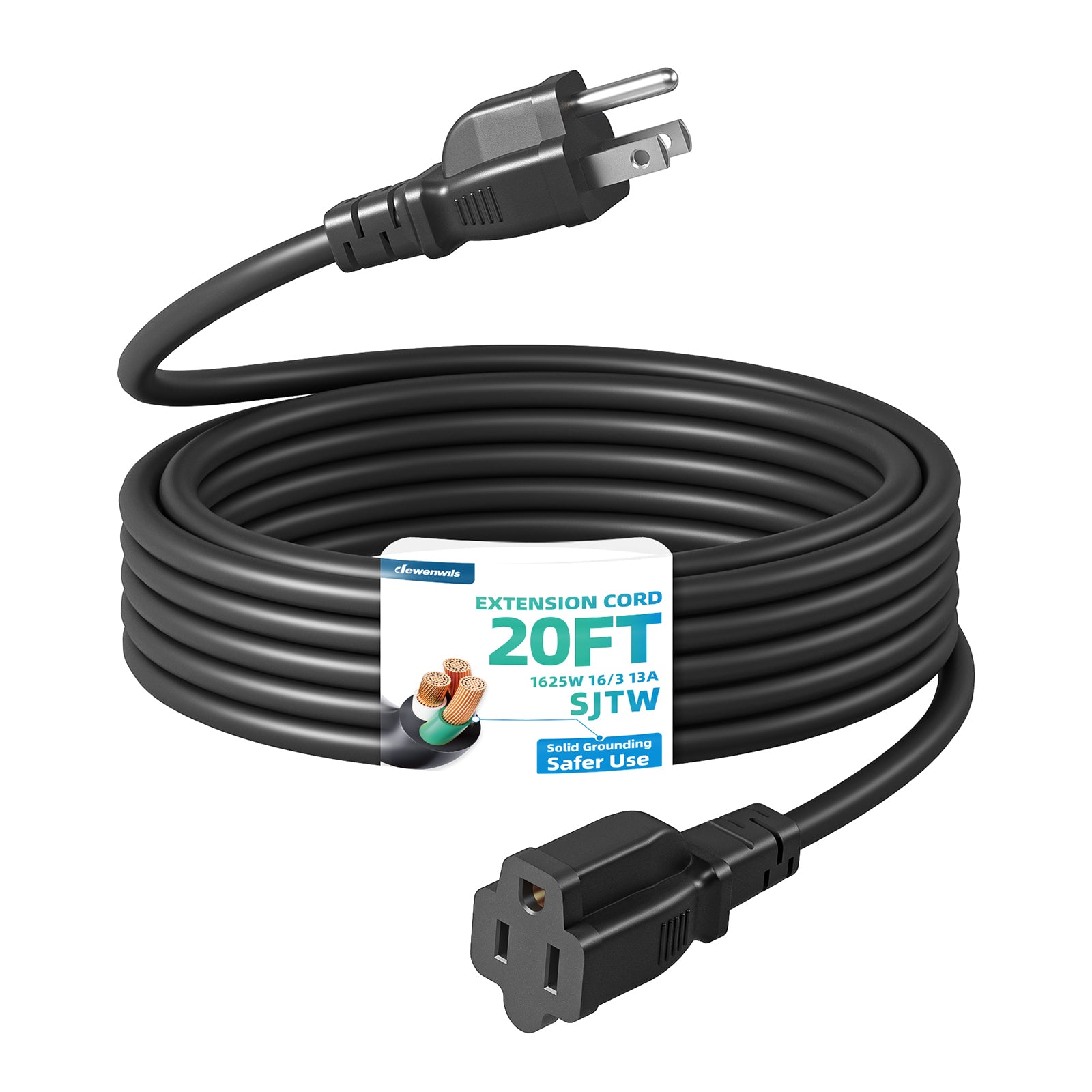 DEWENWILS Outdoor Extension Cord 20 FT, 3 Prong Waterproof Extension Cable for Indoor Outdoor Appliances, 16/3 SJTW, Black, 1 Pack-HNCB20A