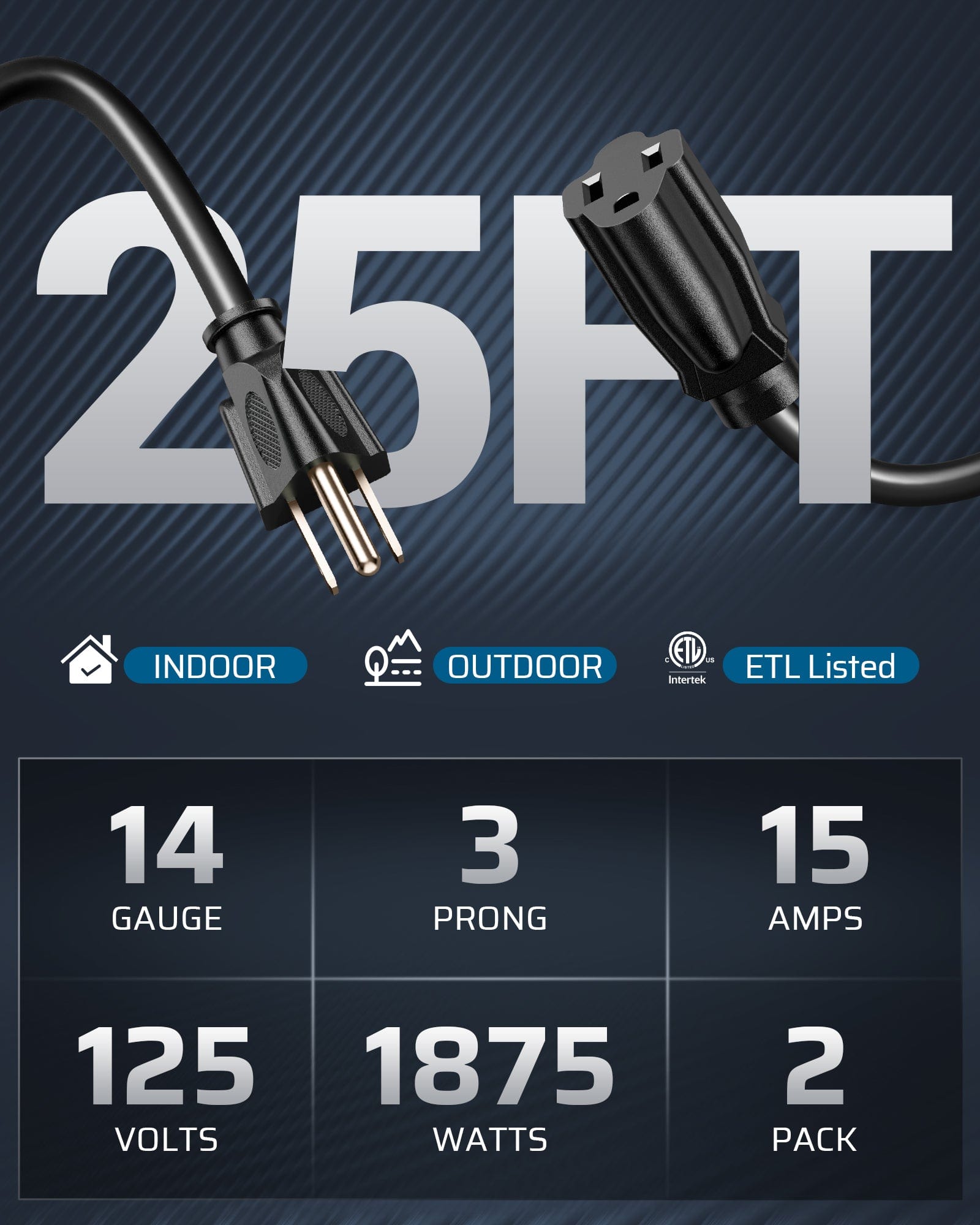 DEWENWILS 25ft Outdoor Extension Cord, Waterproof Power Cord for Indoor Outdoor Appliances, 14/3 SJTW (2 Pack)-HNCB25L