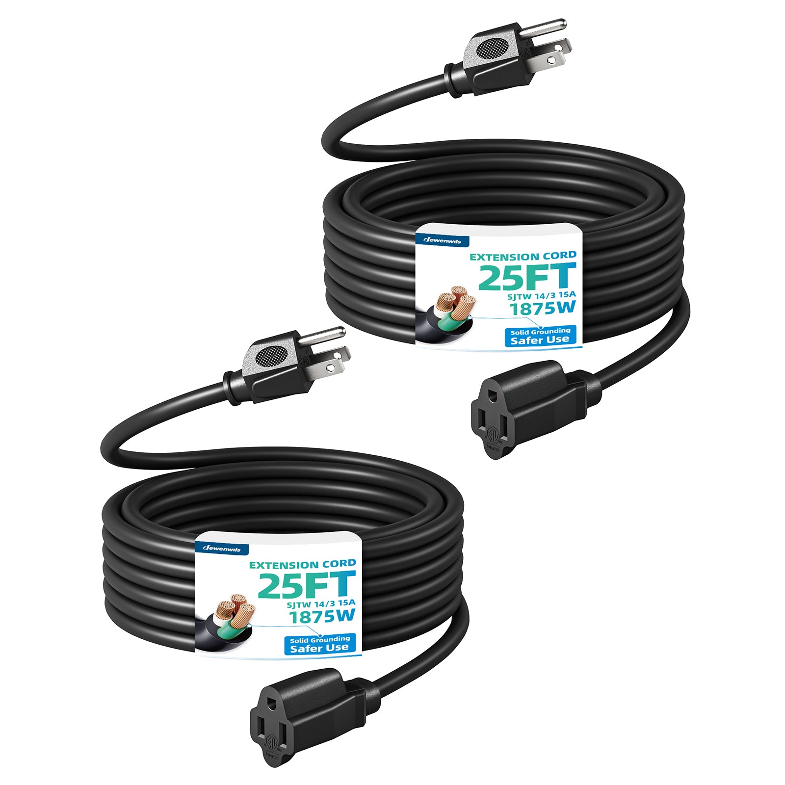 DEWENWILS 25ft Outdoor Extension Cord, Waterproof Power Cord for Indoor Outdoor Appliances, 14/3 SJTW (2 Pack)-HNCB25L