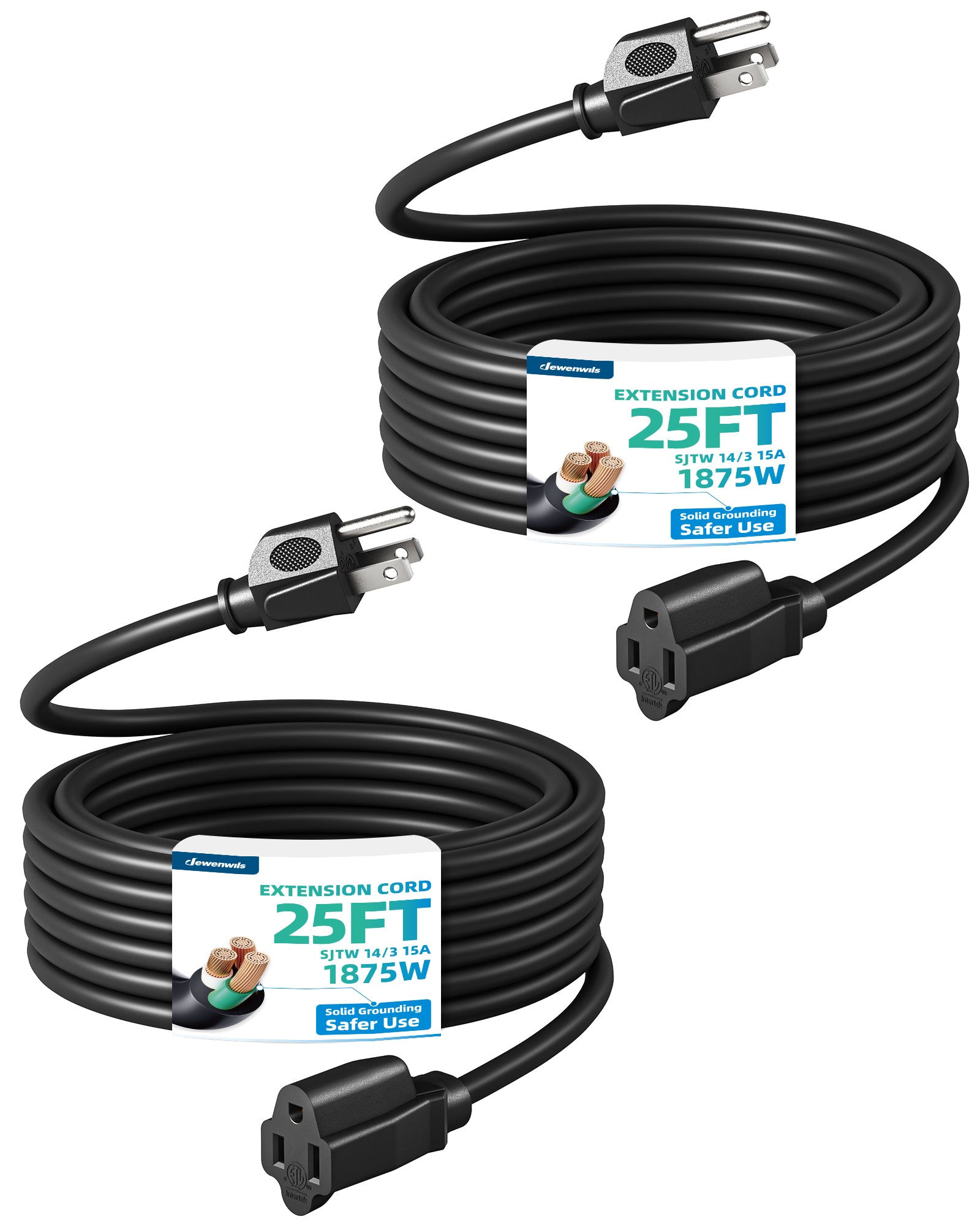 DEWENWILS 3ft Indoor/Outdoor Extension Cord, 14/3 SJTW 3 Prong Heavy Duty Power Cable, NEMA 5-15P to NEMA 5-15R (2 Pack)-HNCB03L