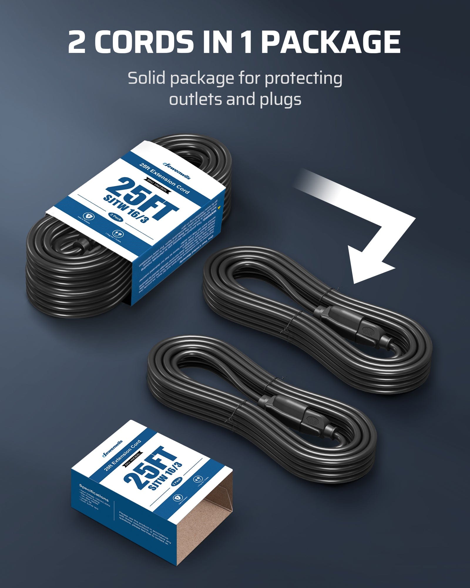 DEWENWILS 25ft Outdoor Extension Cord, Waterproof Power Cord for Indoor Outdoor Appliances, 14/3 SJTW (2 Pack)-HNCB25L