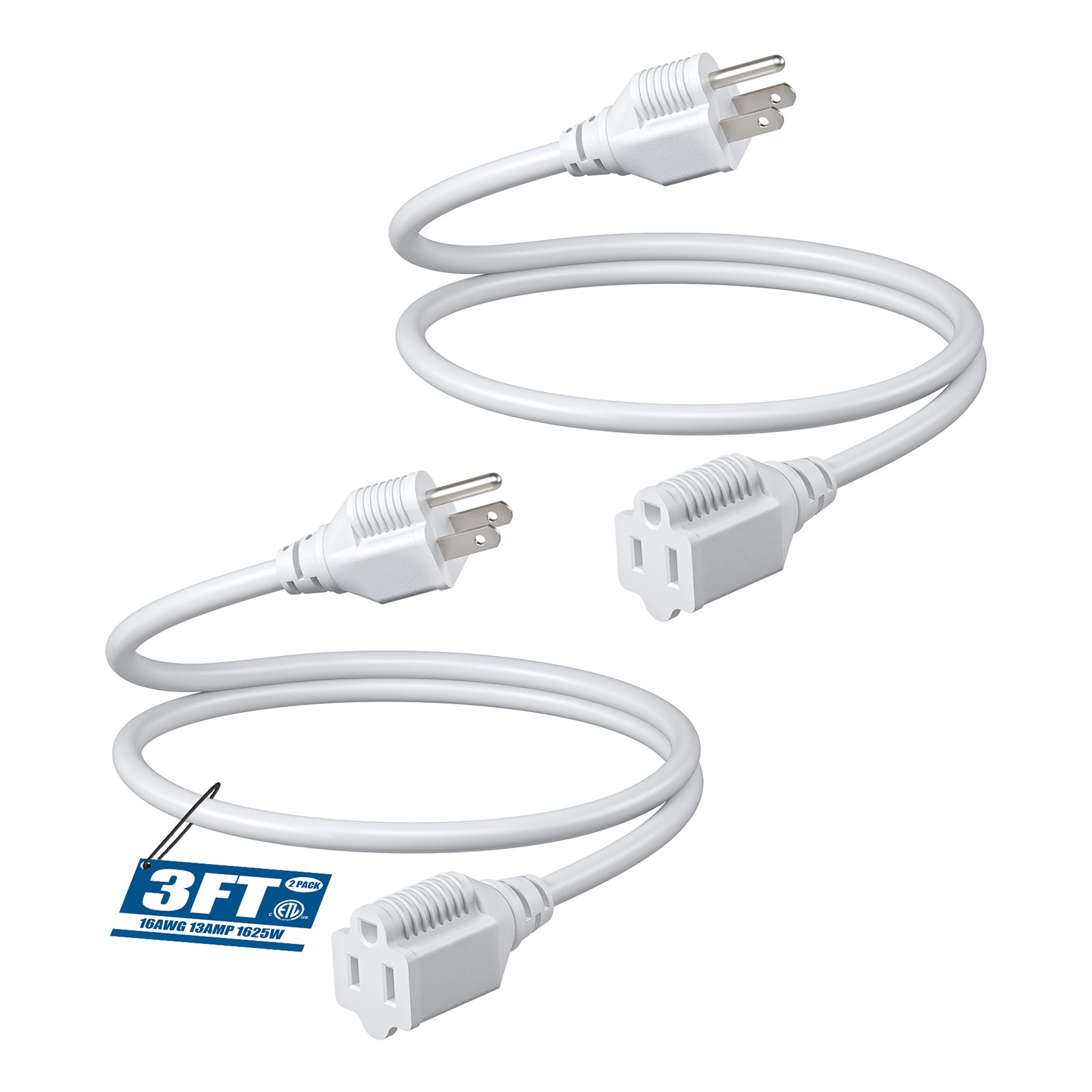 DEWENWILS 3 Foot Extension Cord, 16 AWG SJTW Weatherproof Power Cable for Indoor Outdoor Use, 3 Prong Grounded Outlets Plugs, White, 2 Pack-HNCW03B1