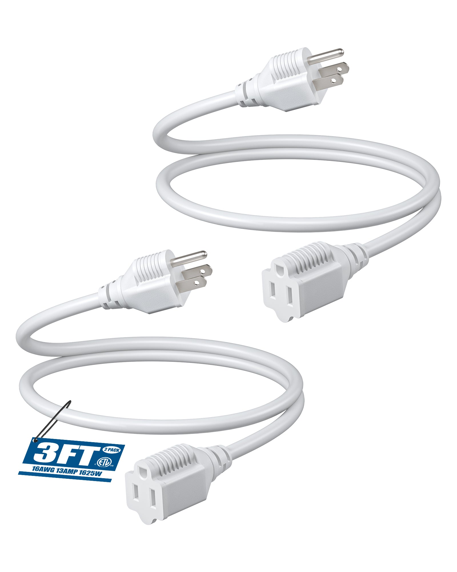 DEWENWILS 3ft Indoor/Outdoor Extension Cord, 14/3 SJTW 3 Prong Heavy Duty Power Cable, NEMA 5-15P to NEMA 5-15R (2 Pack)-HNCB03L