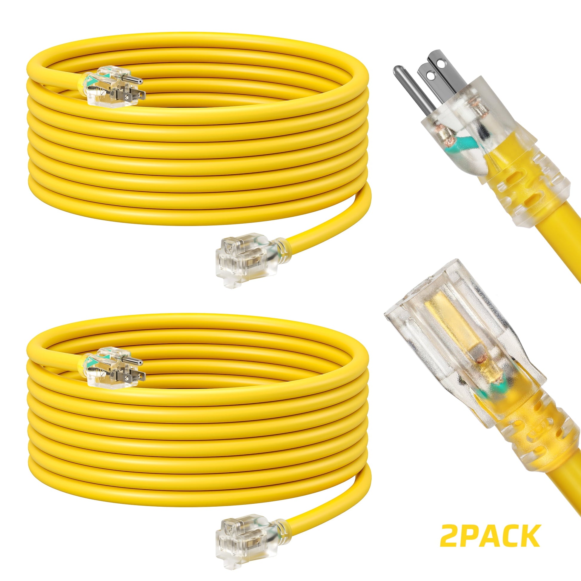 DEWENWILS 2 Pack 15ft Yellow Extension Cord 16/3 Gauge 3 Prong Outlet with Indicator Light SJTW