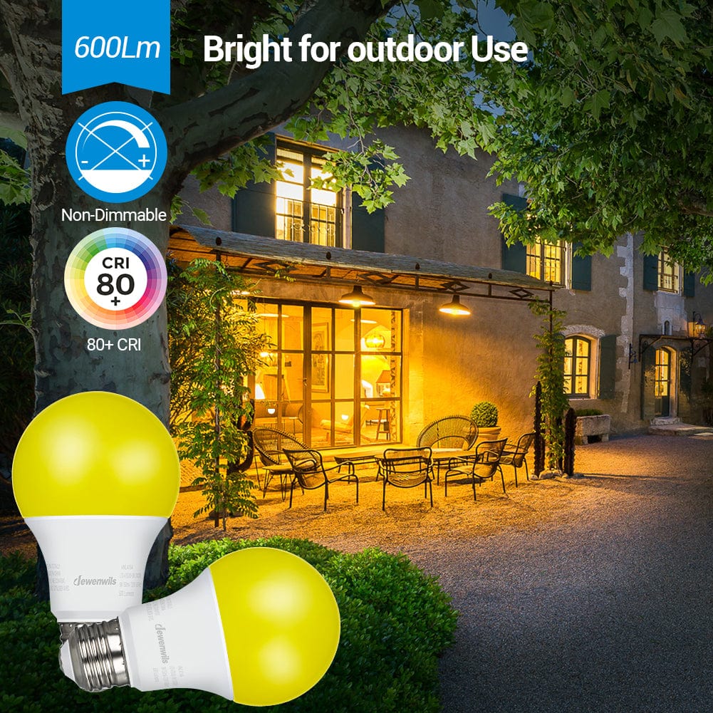 DEWENWILS LED Light Bulbs Outdoor, A19 Yellow Light Bulb, 9W(60W Equivalent), 600LM, 2400K Amber Glow, Non-Dimmable, E26 Medium Screw Base, 4 Pack-WHNLA19A1