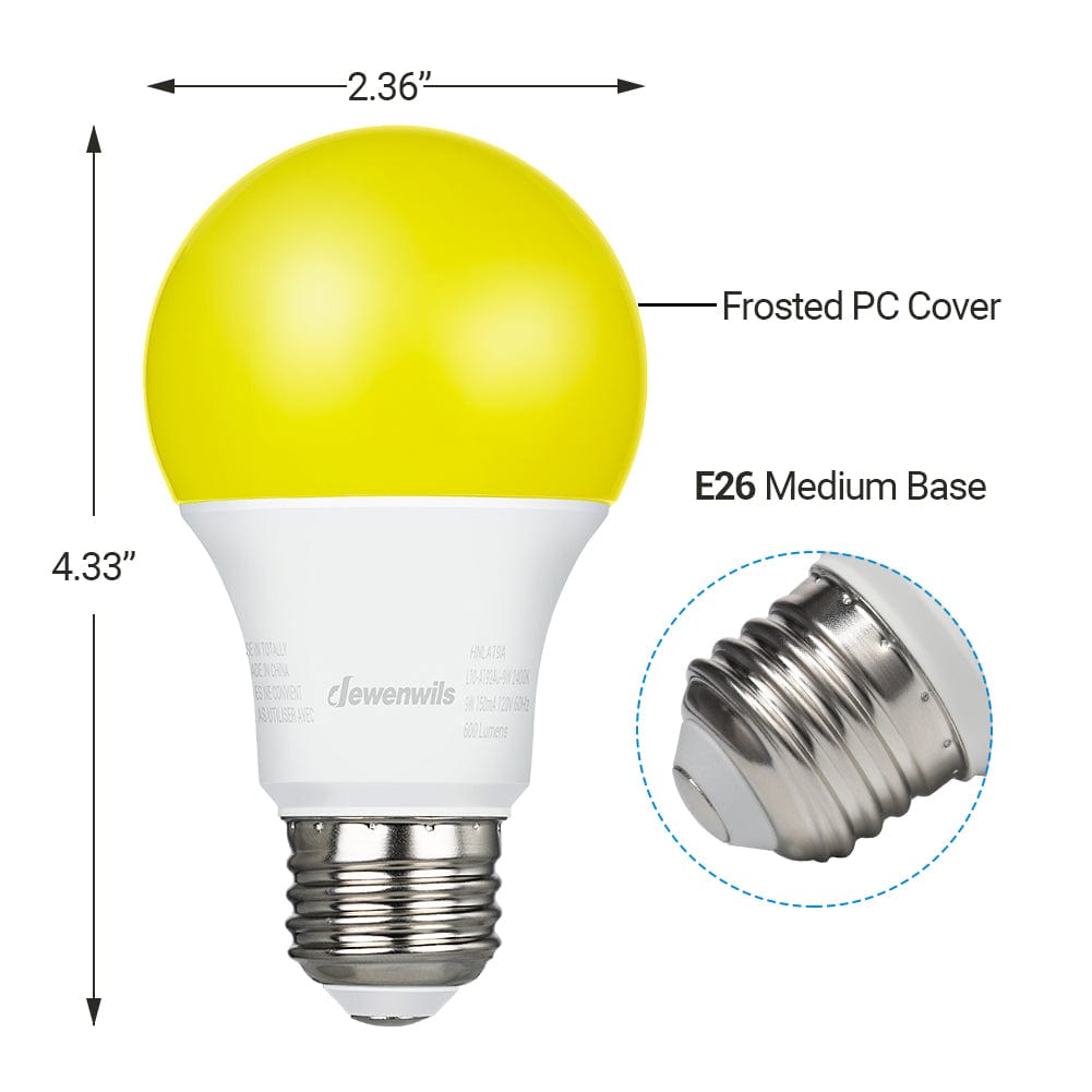 DEWENWILS LED Light Bulbs Outdoor, A19 Yellow Light Bulb, 9W(60W Equivalent), 600LM, 2400K Amber Glow, Non-Dimmable, E26 Medium Screw Base, 4 Pack-WHNLA19A1