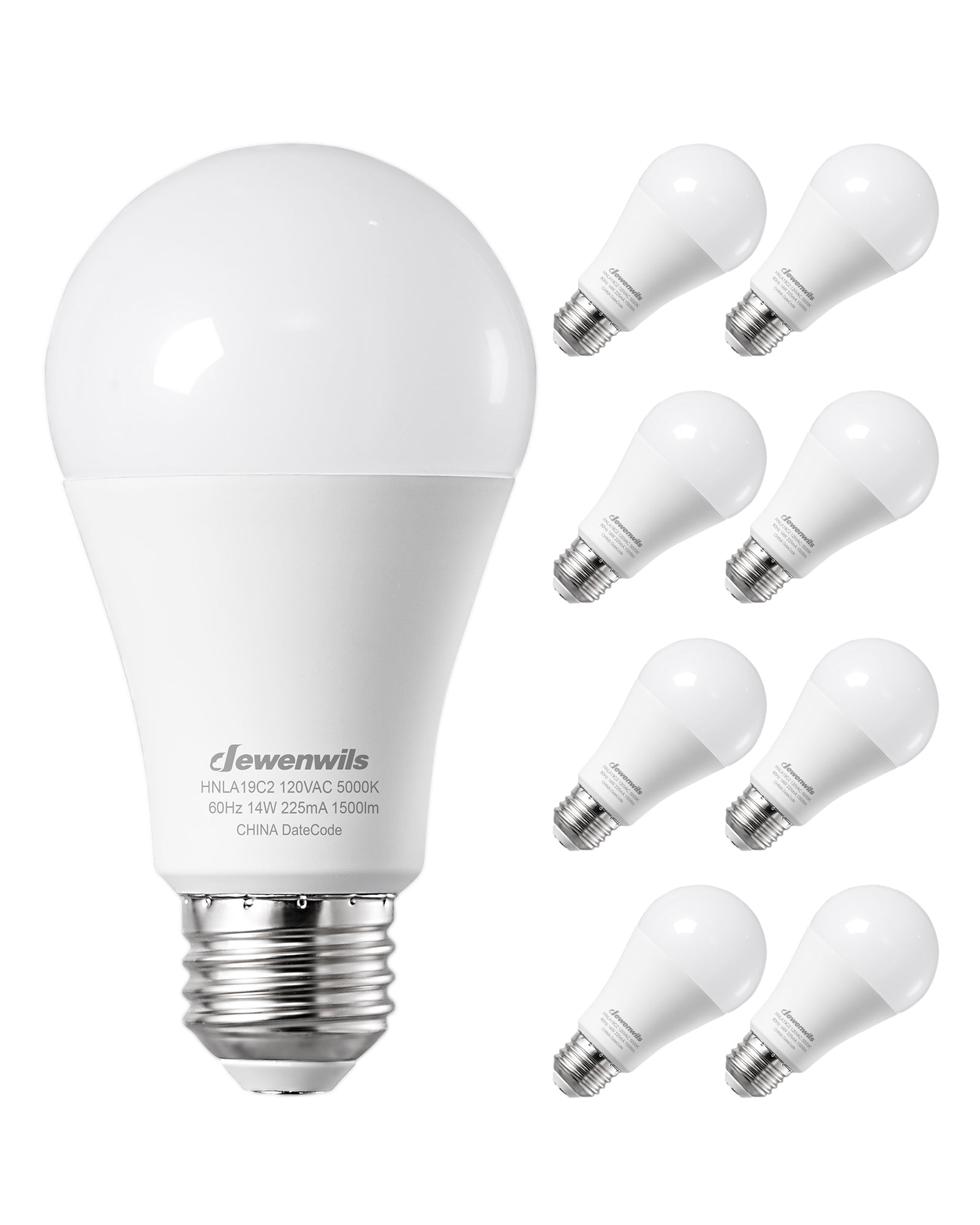 DEWENWILS 8-Pack A19 LED Light Bulb, 1500LM, 5000K Daylight LED Light Bulbs, 14 Watt(100 Watt Equivalent), E26 Medium Screw Base, Non Dimmable-WHNLA19C2