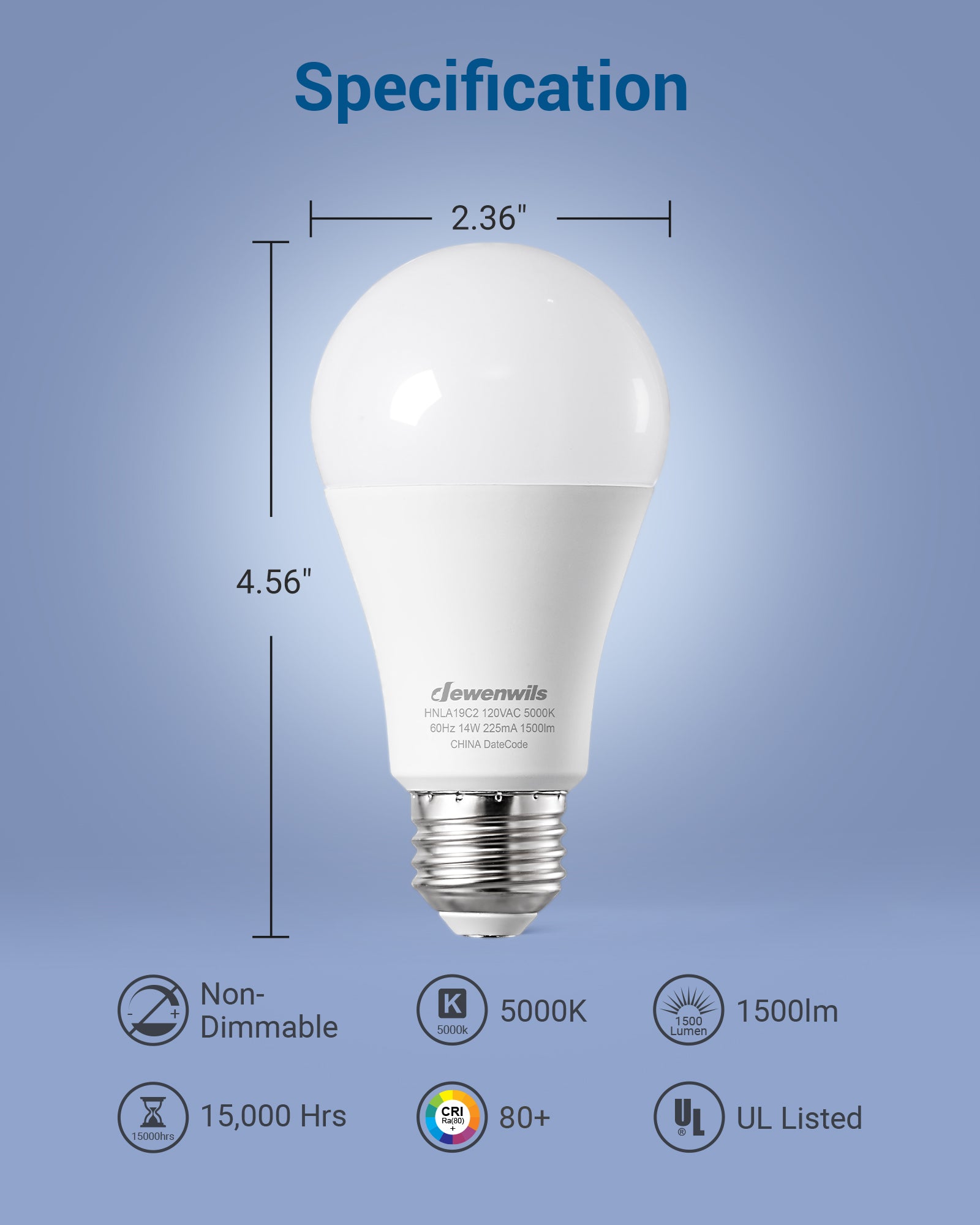 DEWENWILS 8-Pack A19 LED Light Bulb, 1500LM, 5000K Daylight LED Light Bulbs, 14 Watt(100 Watt Equivalent), E26 Medium Screw Base, Non Dimmable-HNLA19C2