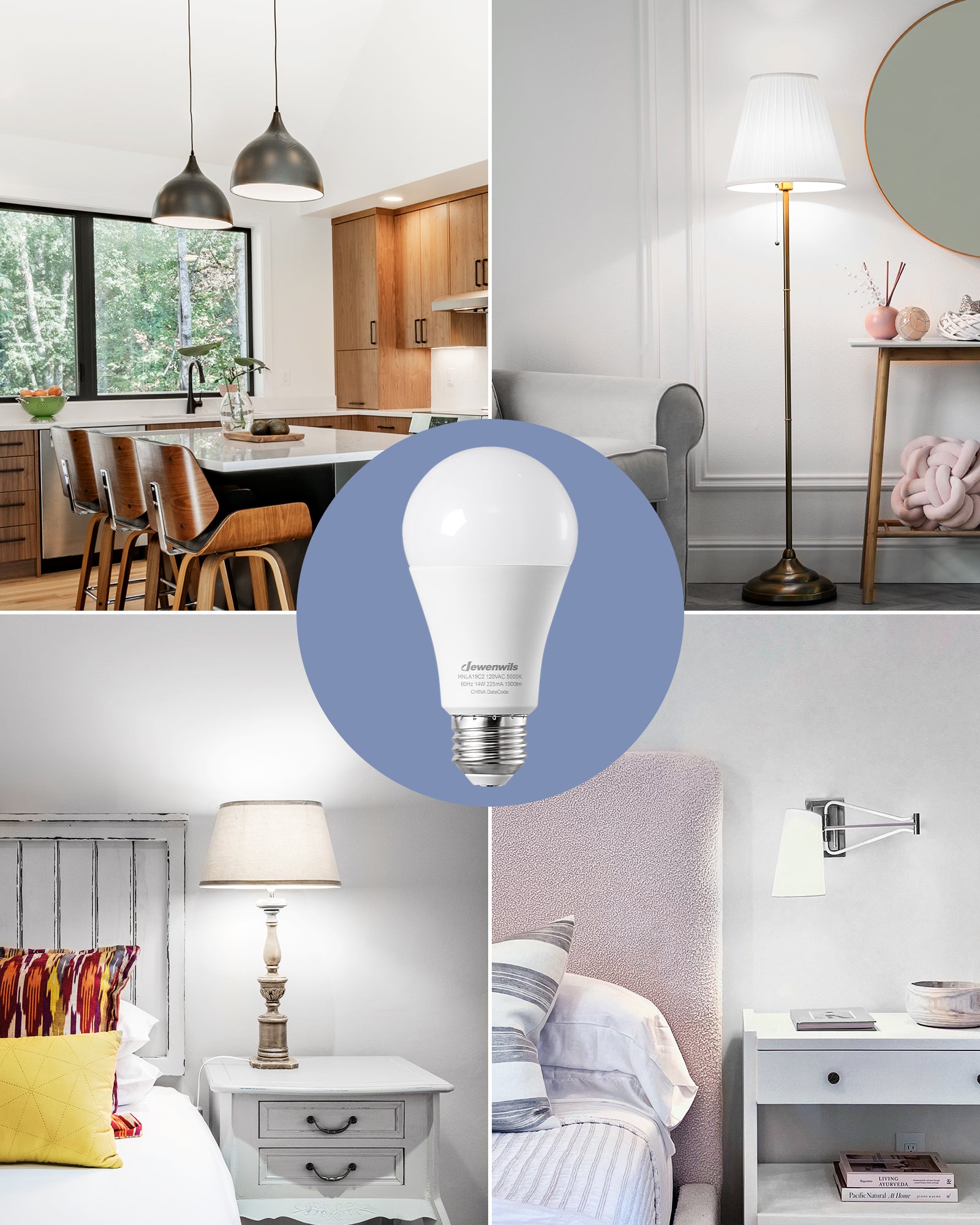 DEWENWILS 8-Pack A19 LED Light Bulb, 1500LM, 5000K Daylight LED Light Bulbs, 14 Watt(100 Watt Equivalent), E26 Medium Screw Base, Non Dimmable-WHNLA19C2