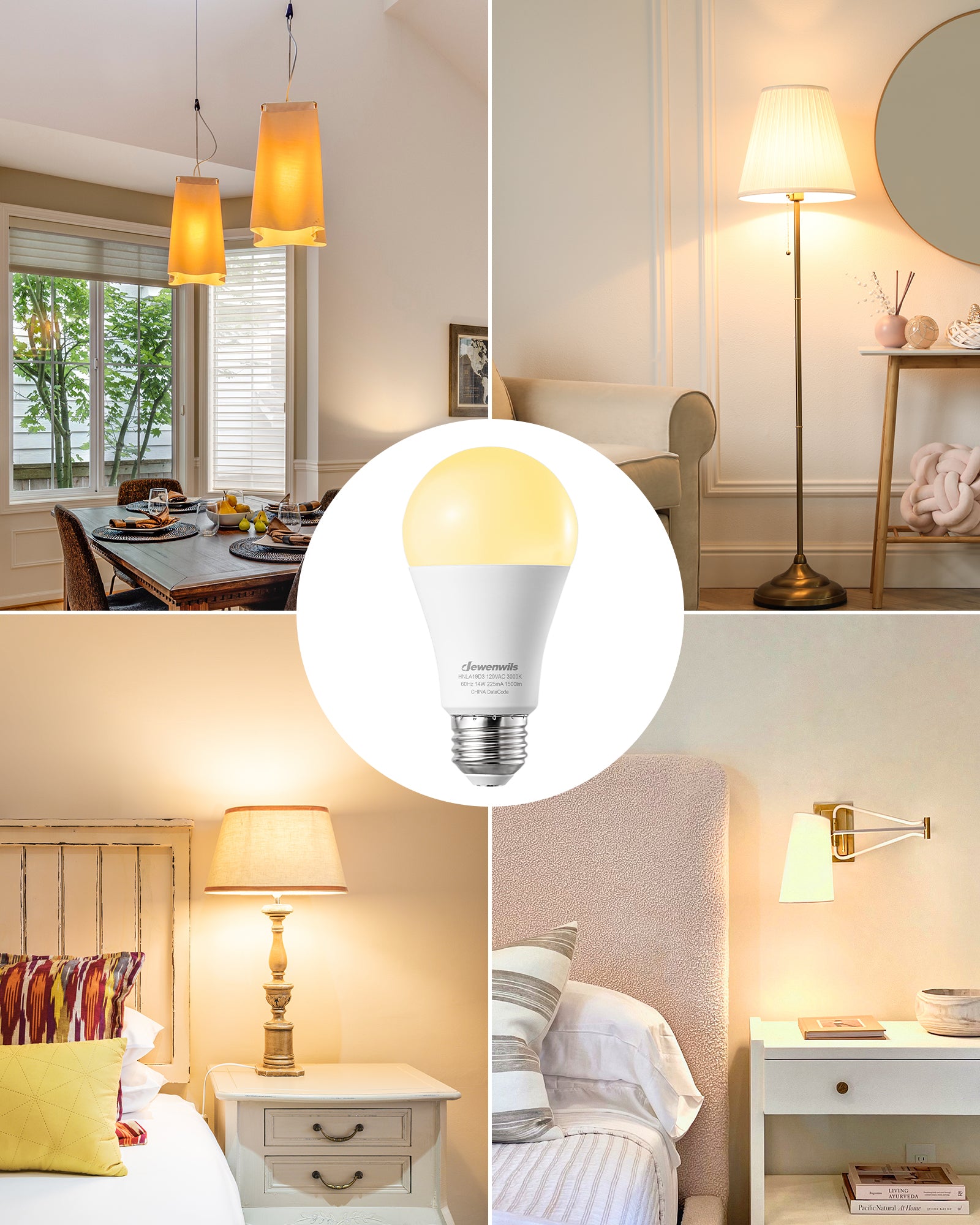 DEWENWILS 4-Pack A19 LED Light Bulb, 1500LM, 3000K Soft Warm Light Bulb, Energy Saving 14W(100W Equivalent) LED Bulb, E26 Medium Screw Base, Non Dimmable-HNLA19D3