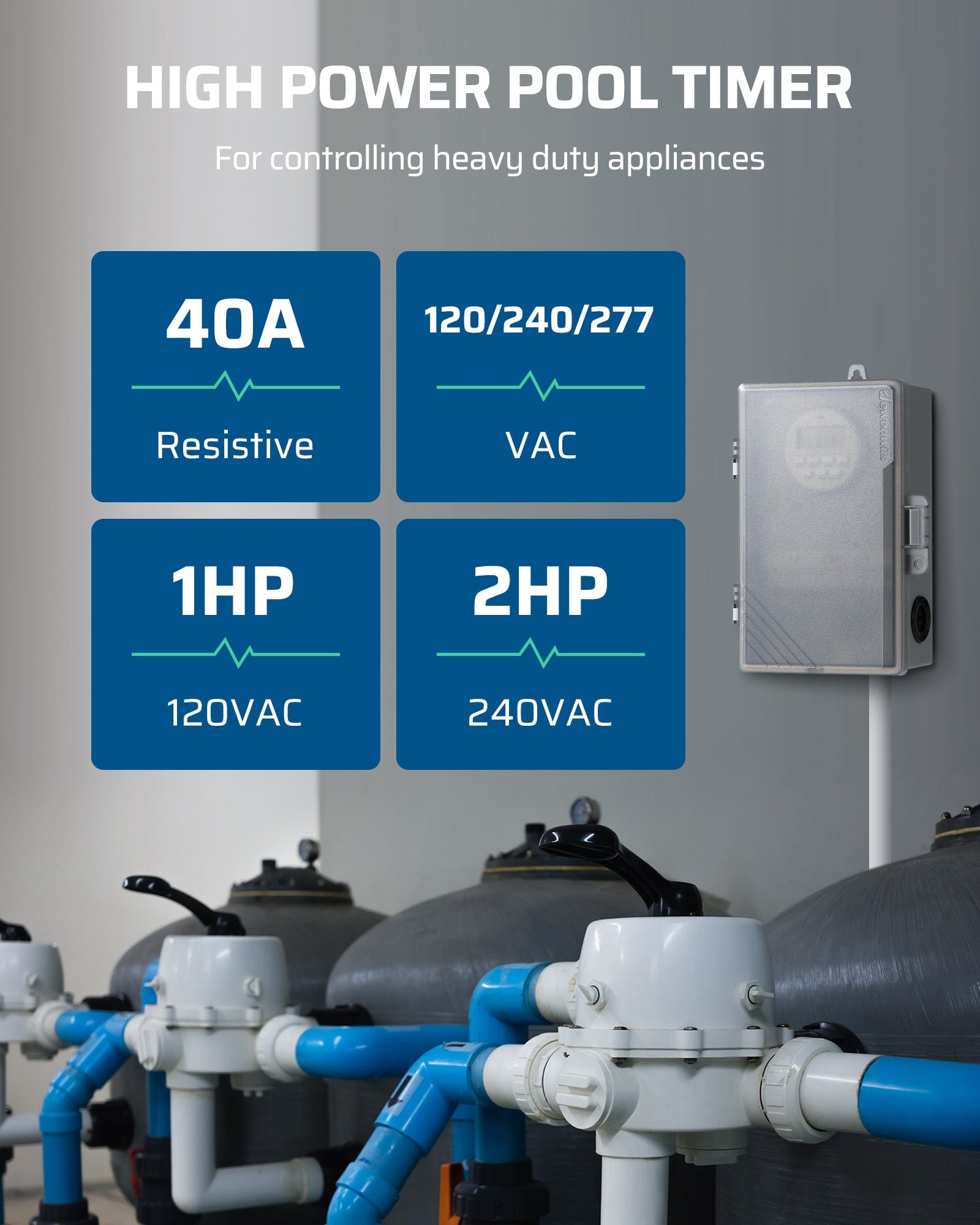 DEWENWILS pool timer: Heavy-duty 40A resistive rating. Supports 120/240/277VAC with 1HP@120V and 2HP@240V for robust pool pump and appliance control.