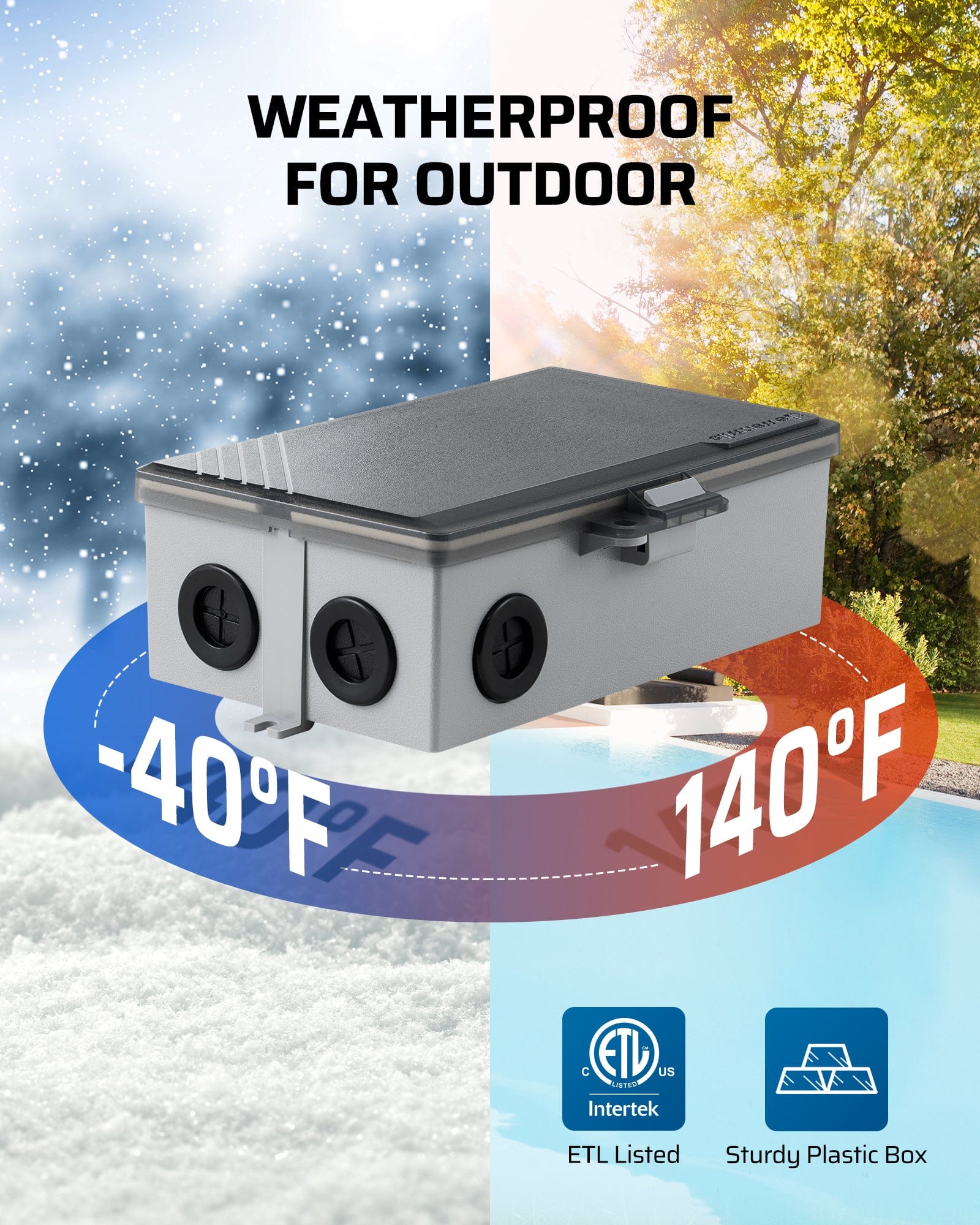 DEWENWILS pool timer: Features a sturdy, weatherproof plastic box. Operates from 40°F to 140°F and is ETL Listed for safe, durable outdoor appliance control.