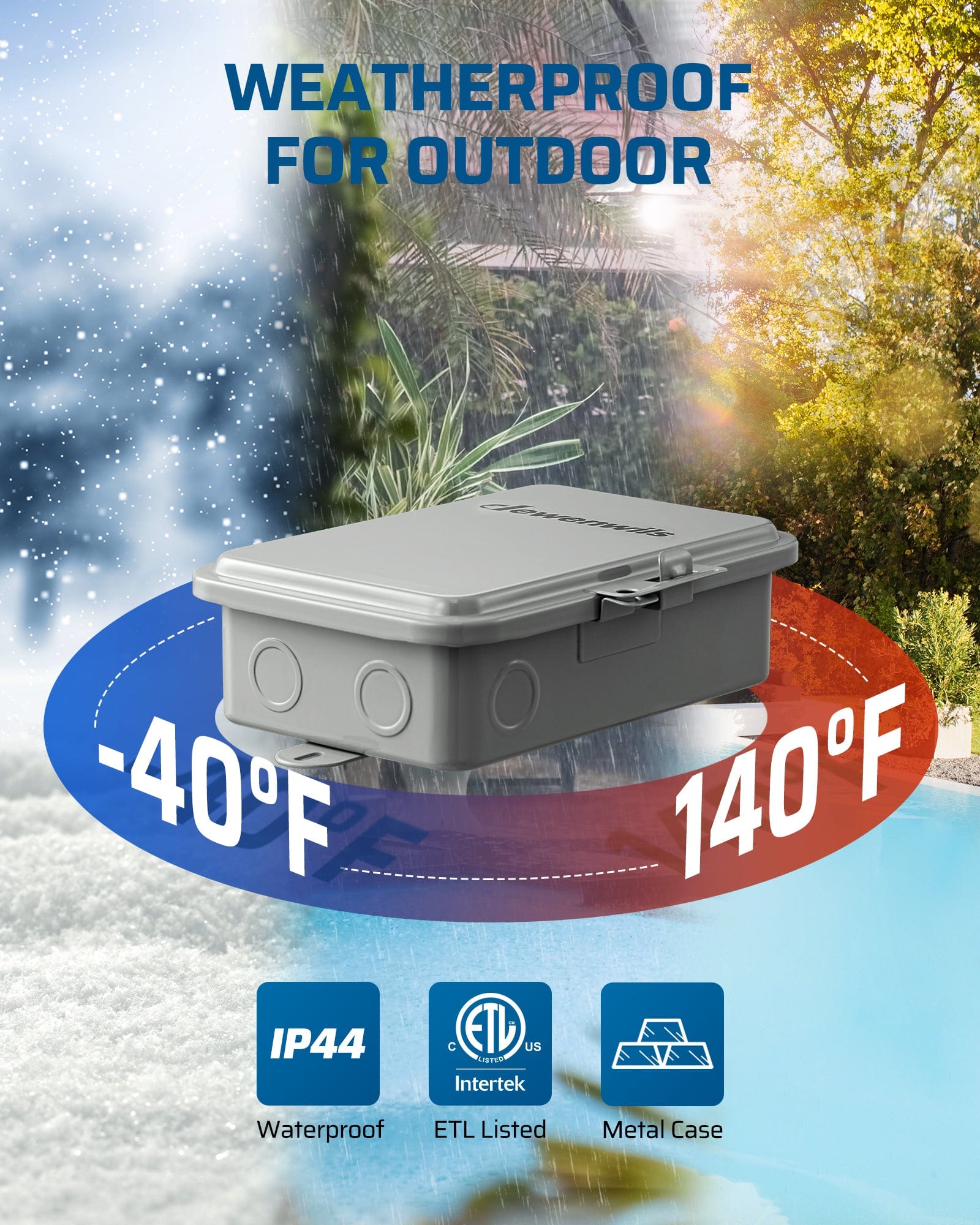 DEWENWILS pool timer: IP44 waterproof metal case for outdoor use (-40°F to 140°F). ETL Listed for safe, durable control of heavy-duty pool pumps and appliances.