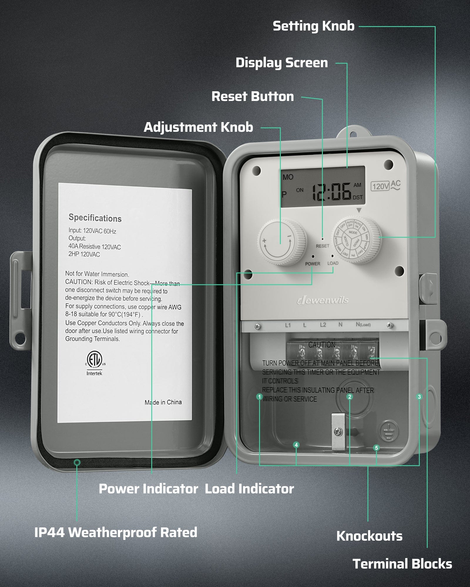 Pool Pump Timer with internal buttons and detailed functional descriptions for easy manual control and smart management.