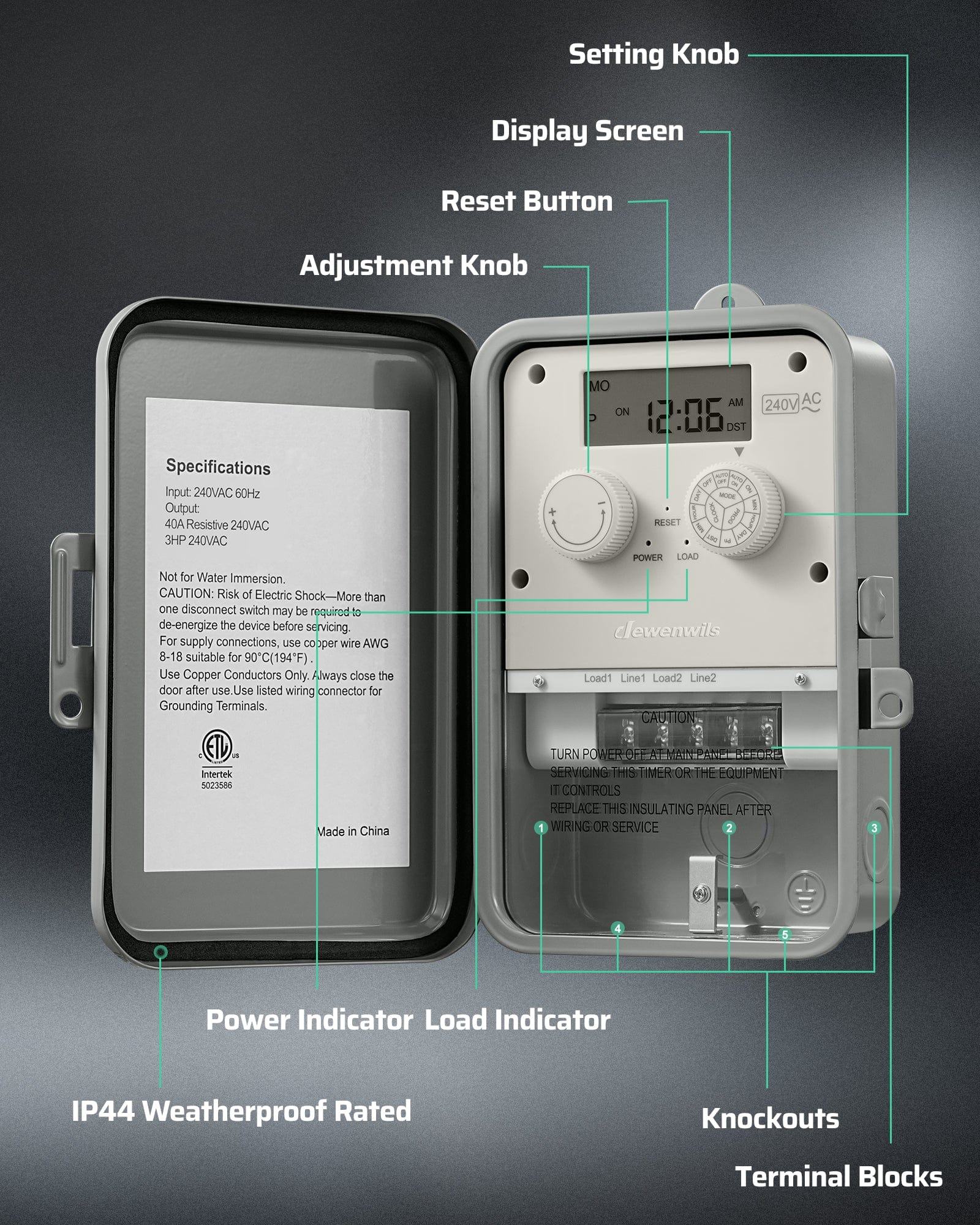 Pool Pump Timer with internal buttons and detailed functional descriptions for easy manual control and smart management.