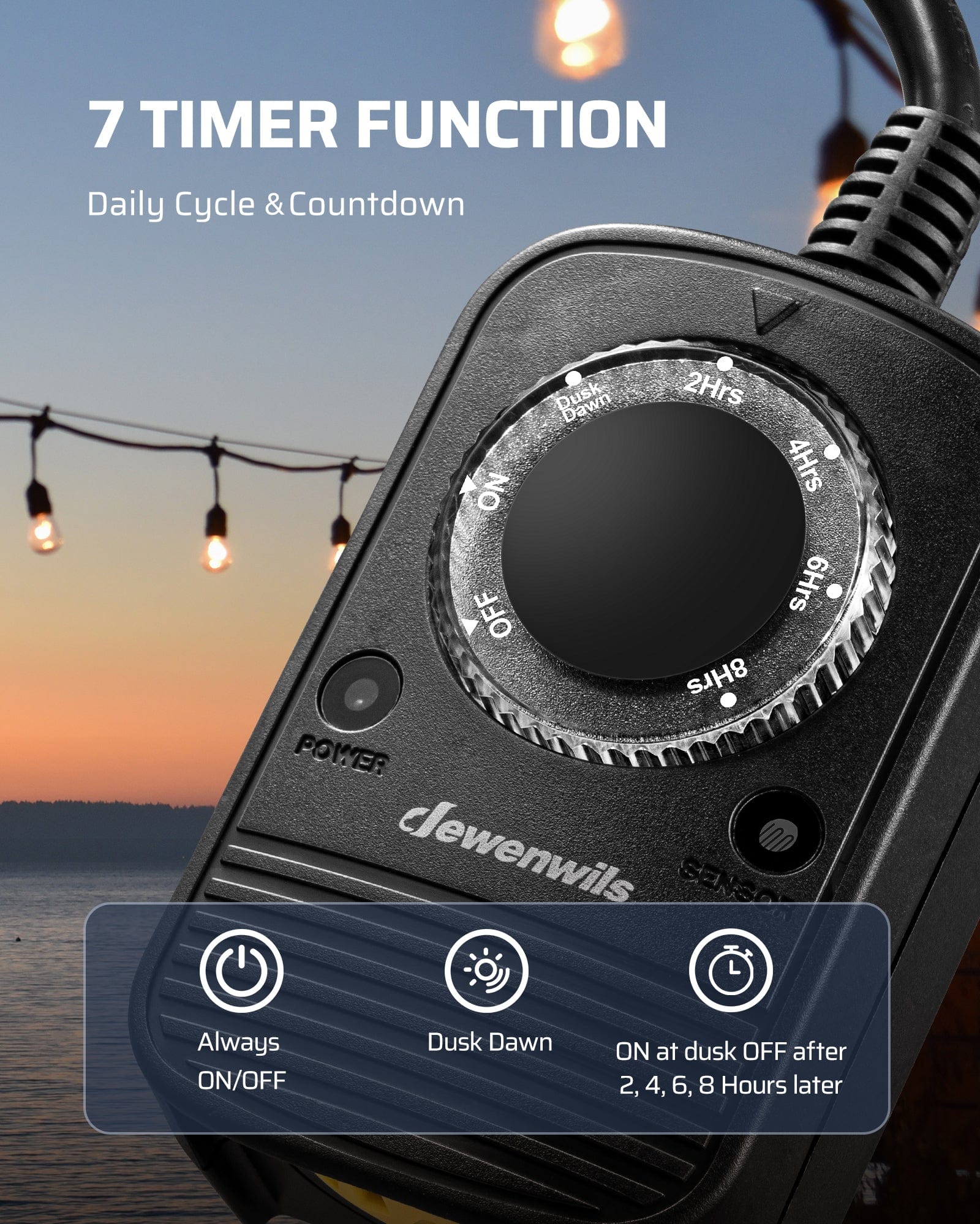 Outdoor Light Timer: Features a daily cycle, countdown, and dusk-to-dawn sensor. Options include Always ON/OFF or ON at dusk and OFF after 2, 4, 6, or 8 hours.