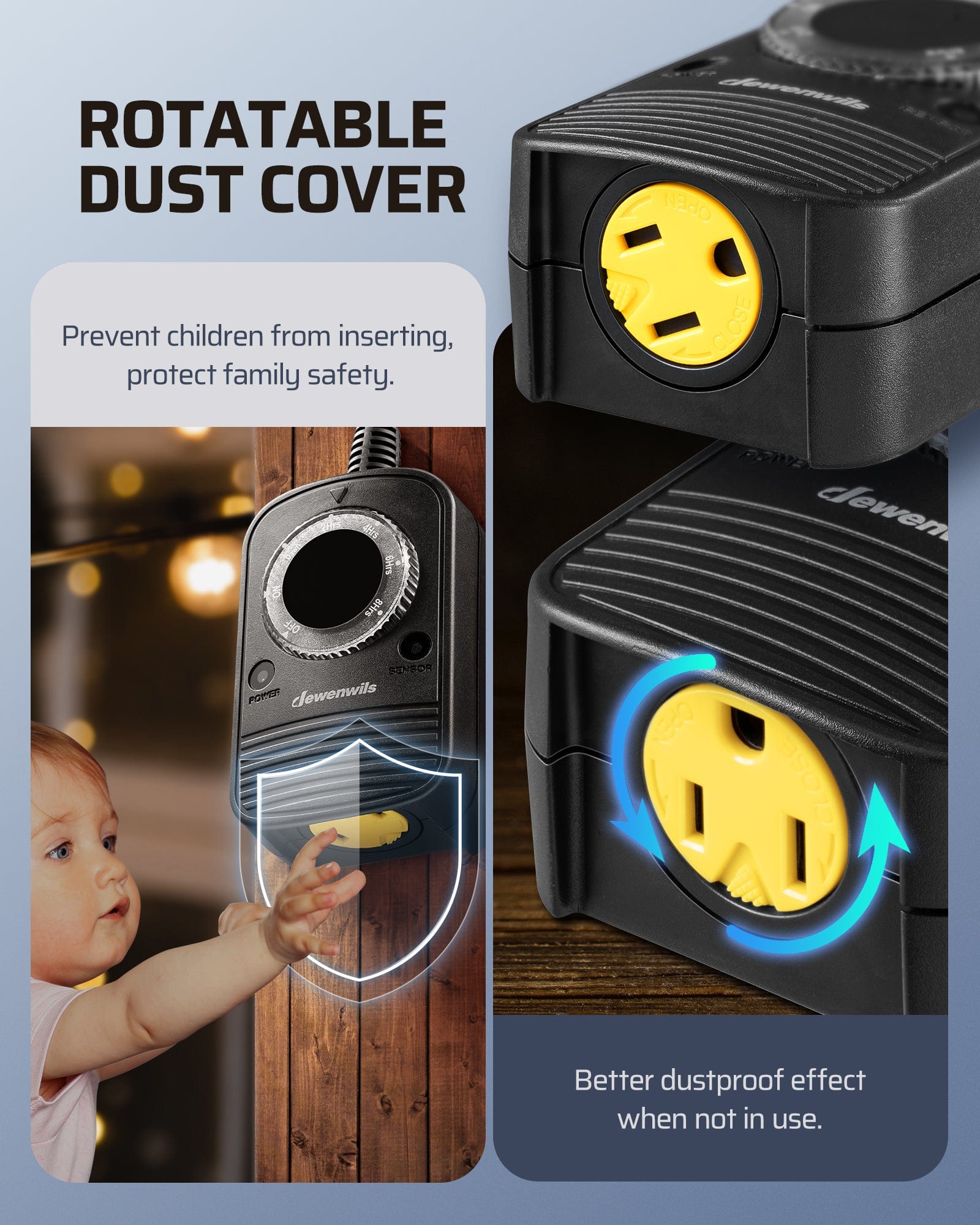 Outdoor Light Timer: Features a rotatable dust cover to protect children and prevent debris. Enhances family safety and keeps outlets clean when not in use.
