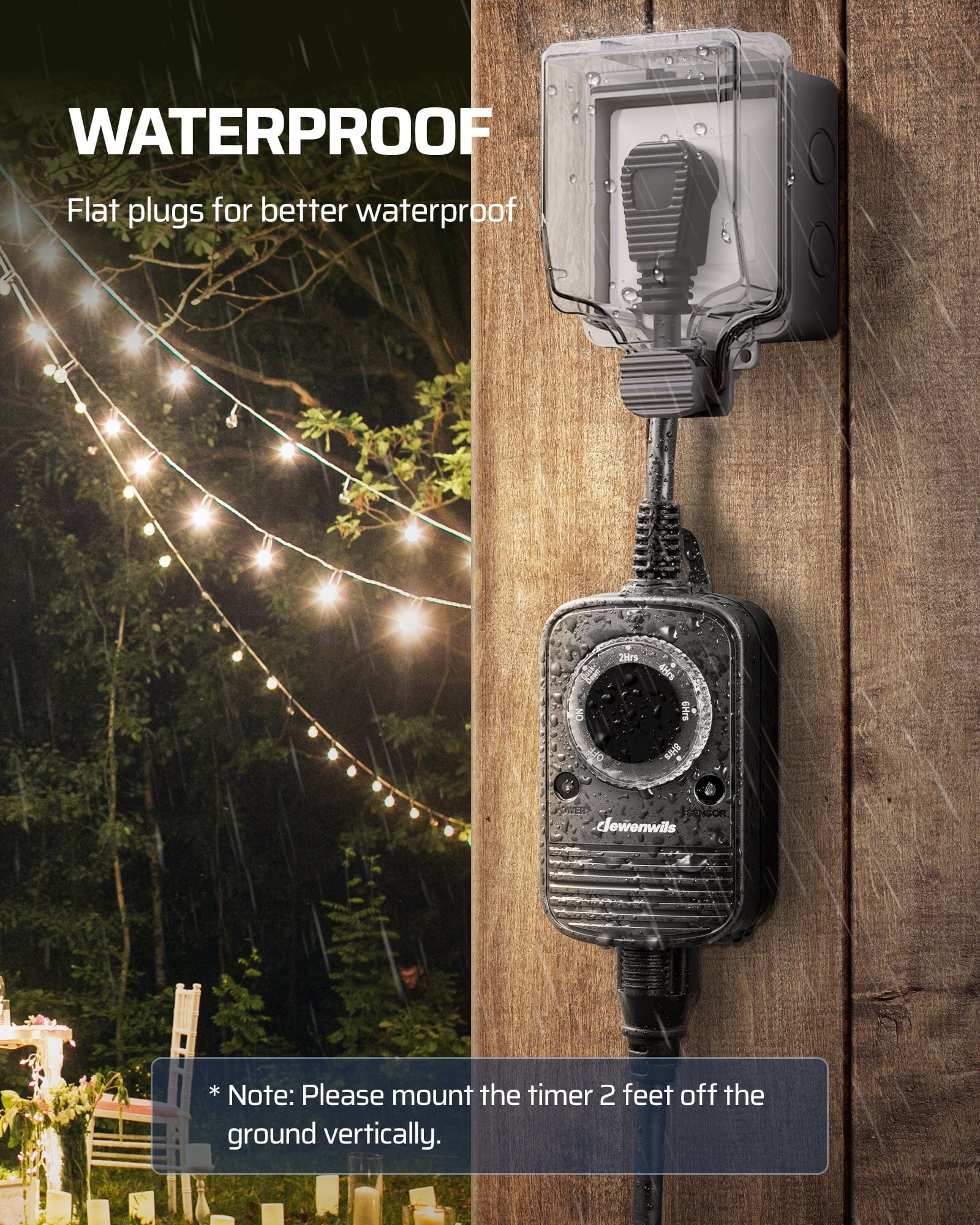 Outdoor Light Timer: Features flat plugs for enhanced waterproofing. Mount vertically 2ft above ground with outlets facing down to ensure safe outdoor operation.