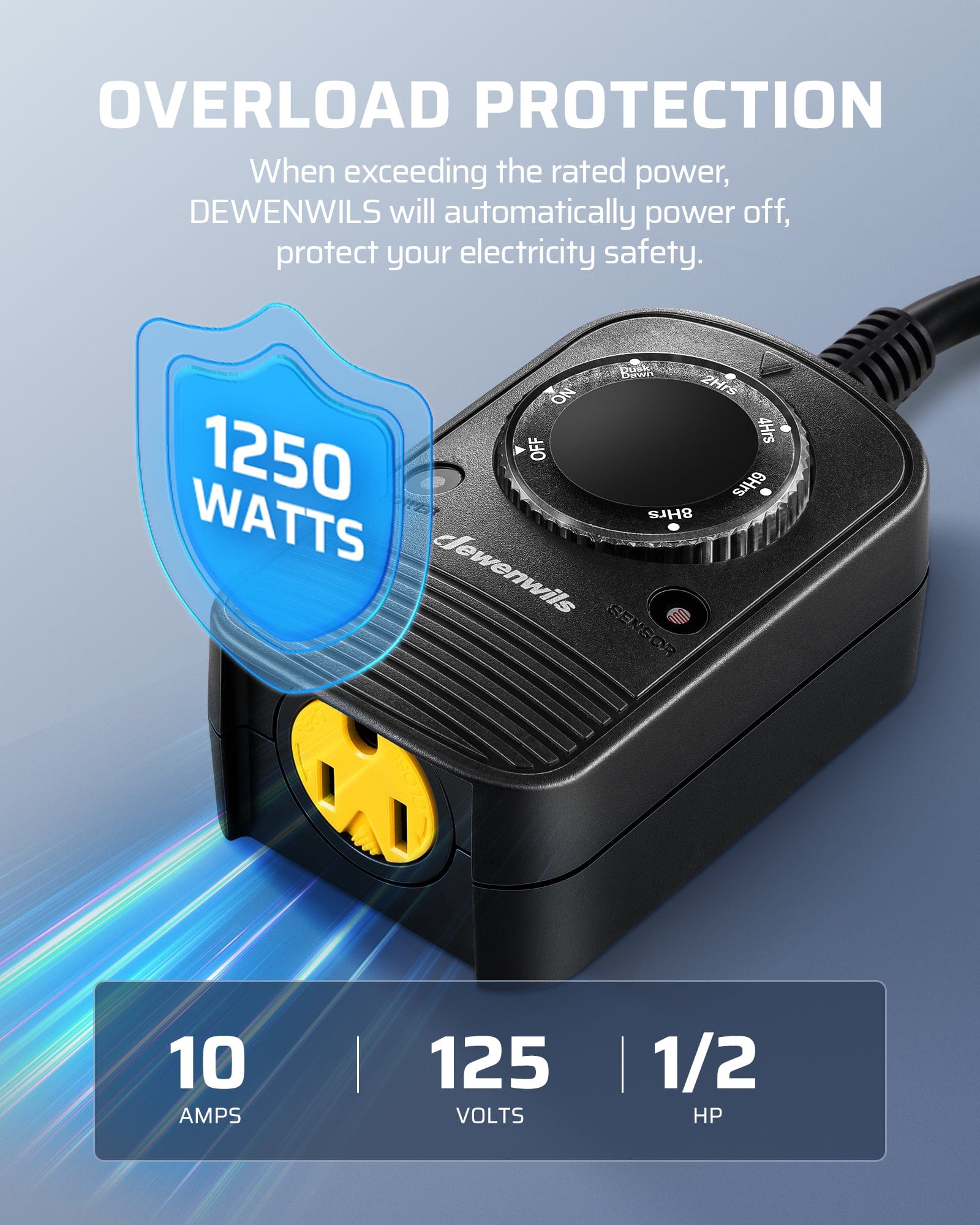 Outdoor Light Timer: Features overload protection that automatically cuts power if it exceeds 10A/1250W. Protects devices and ensures electrical safety.