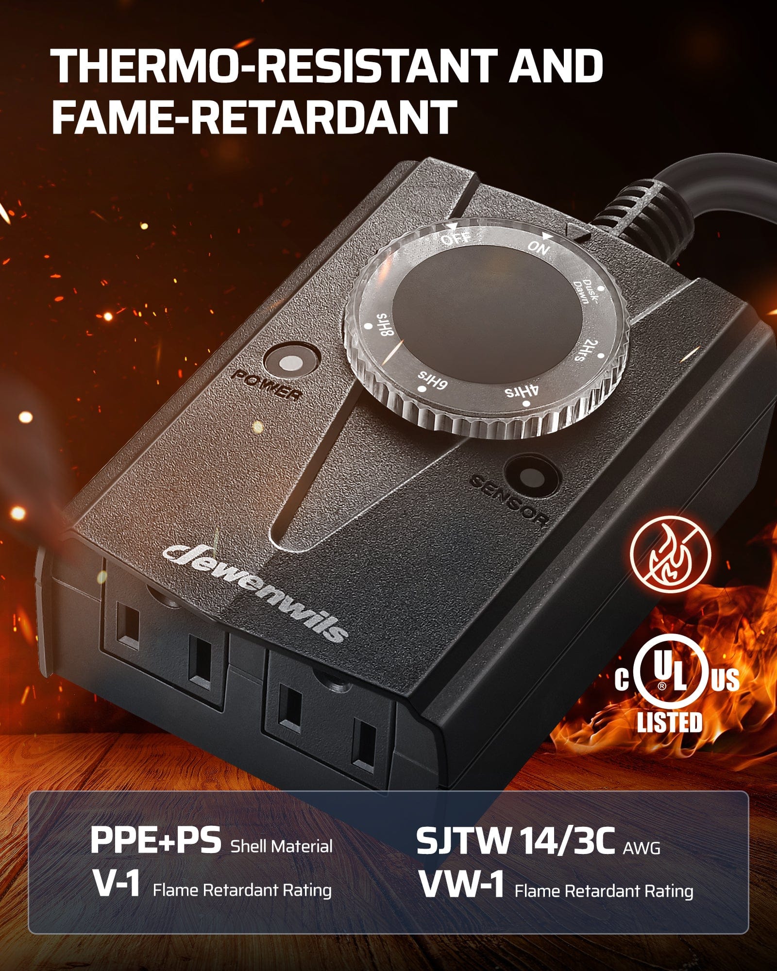 Outdoor Light Timer: Features a V-1 fire-rated PPE+PS shell and SJTW 14/3C VW-1 wiring. Provides heavy-duty thermo-resistance and flame-retardant safety.