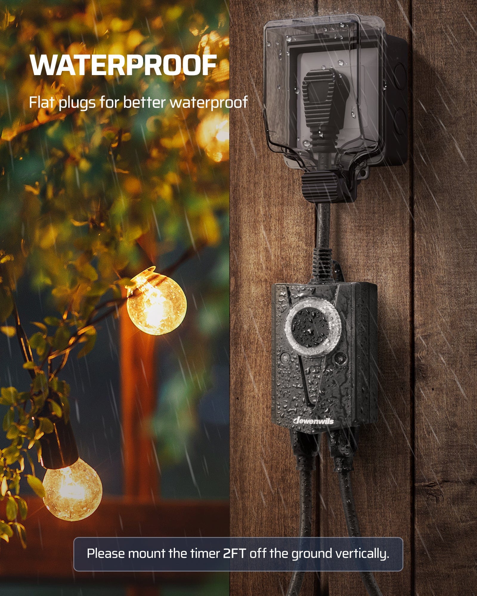 Outdoor Light Timer: Features flat plugs for enhanced waterproofing. Mount the timer vertically at least 2 feet above the ground to ensure safe outdoor operation.