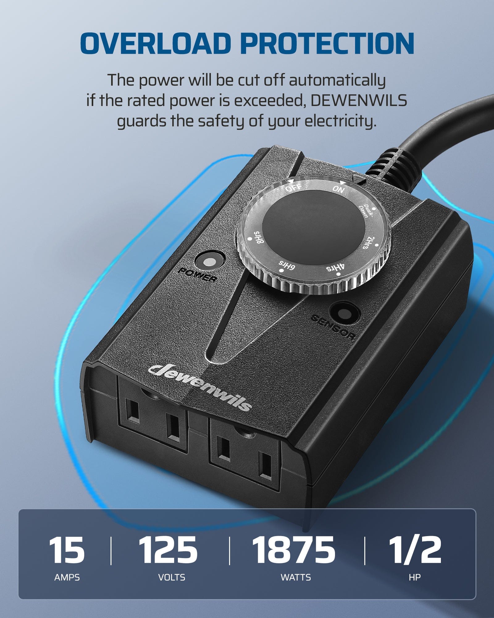 Outdoor Light Timer: Features overload protection that automatically cuts power if 15A/125V/1875W or 0.5HP is exceeded, ensuring safe electrical operation.
