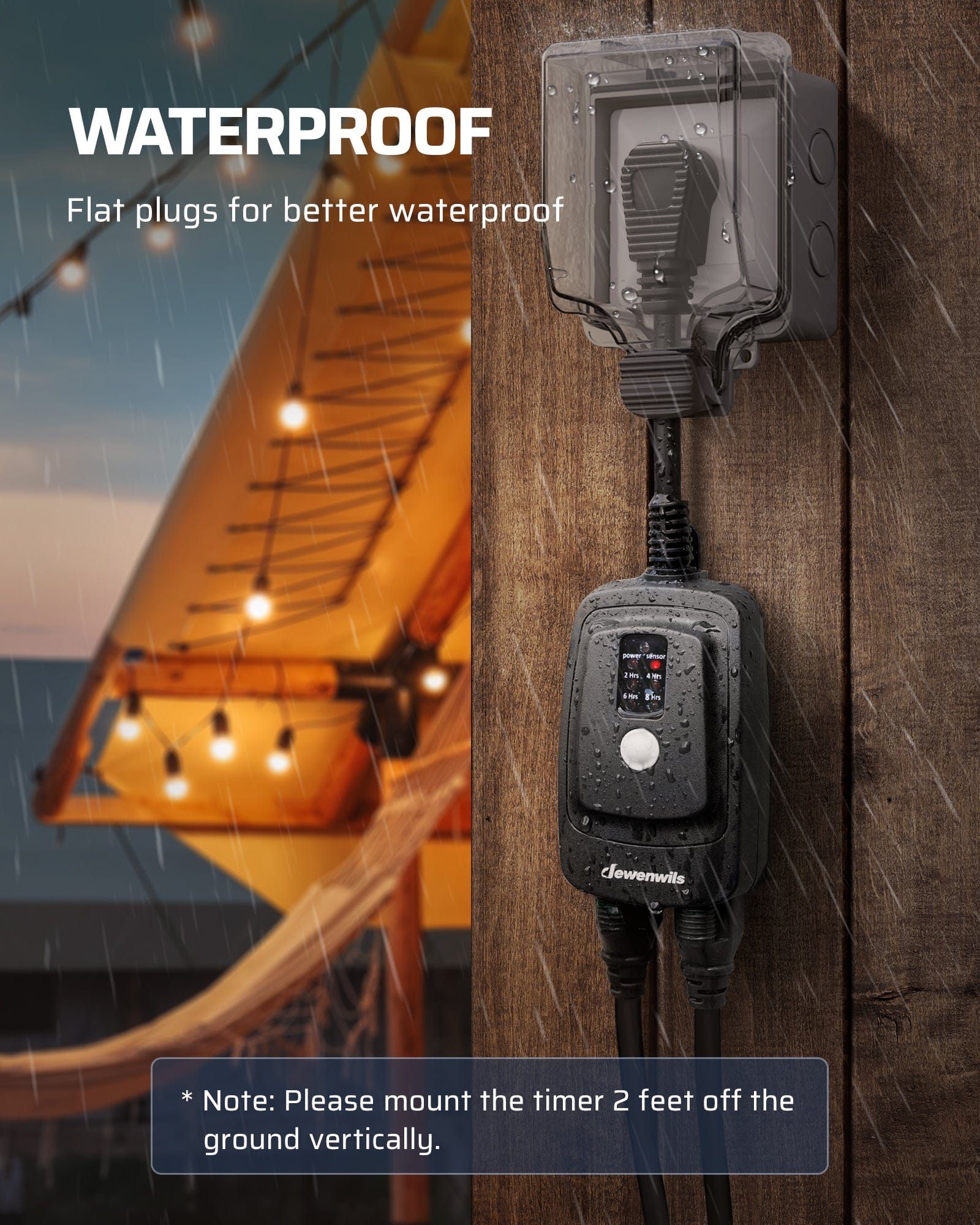 Outdoor Light Timer: Waterproof design with flat plugs. Must be mounted vertically 2 feet above ground to ensure safety and prevent water ingress.